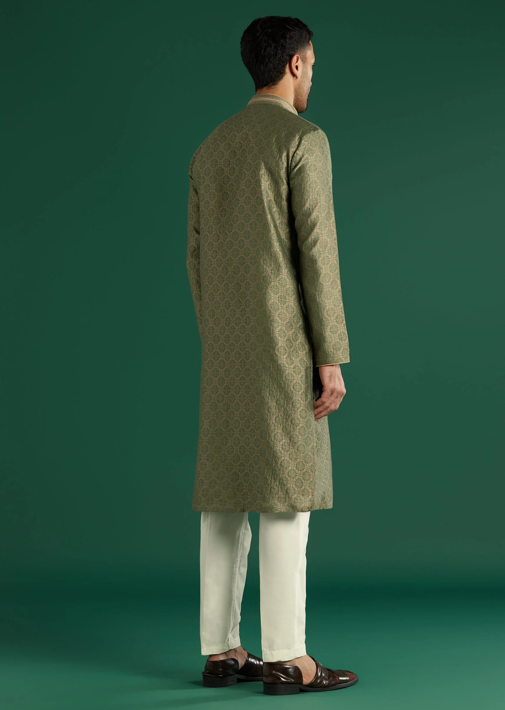 Green Silk Kurta Set For Men With Brocade Work - Image 5