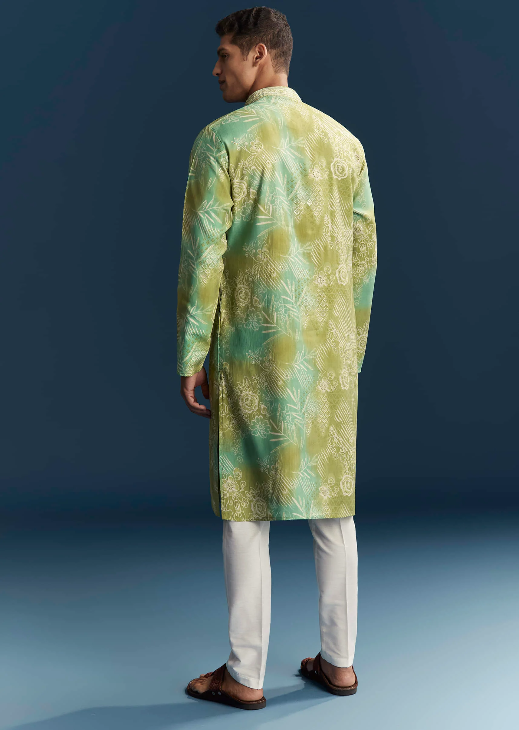 Green Silk Kurta Set For Men With Floral And Abstract Print - Image 5
