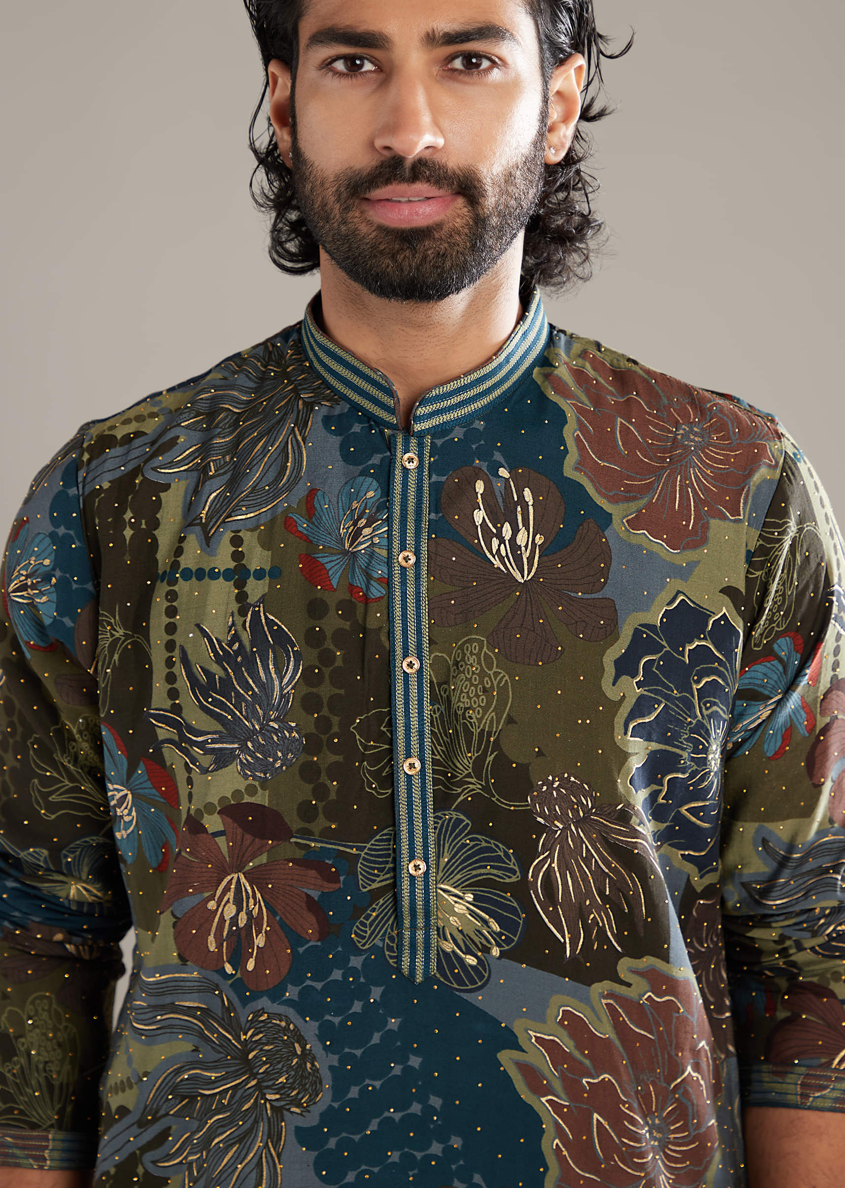 Green Silk Kurta Set For Men With Floral And Foil Print - Image 2
