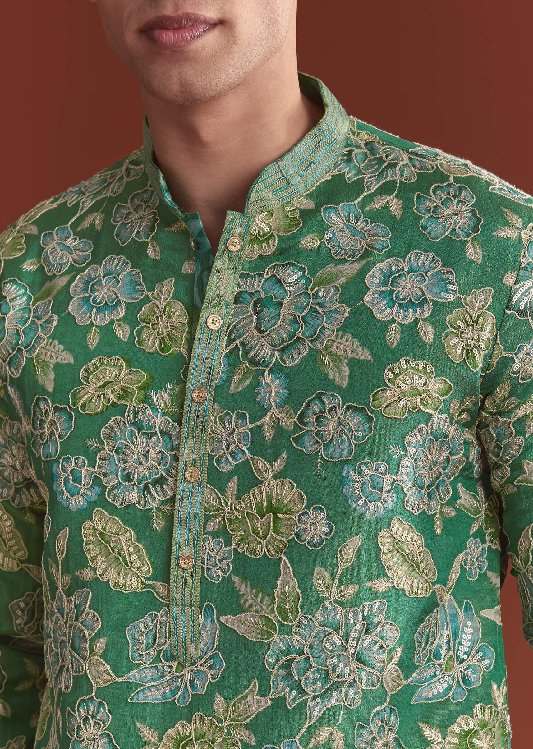 Green Silk Kurta Set For Men With Floral Resham Work - Image 3