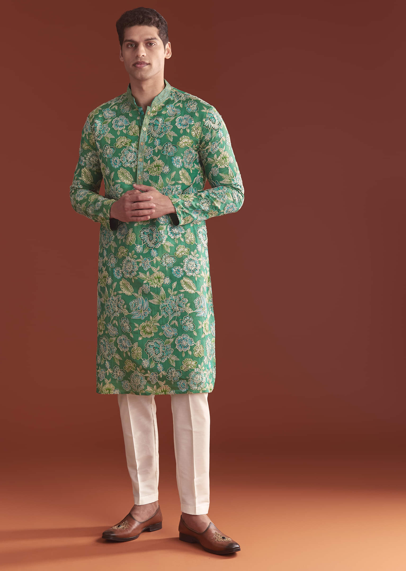 Green Silk Kurta Set For Men With Floral Resham Work - Image 4
