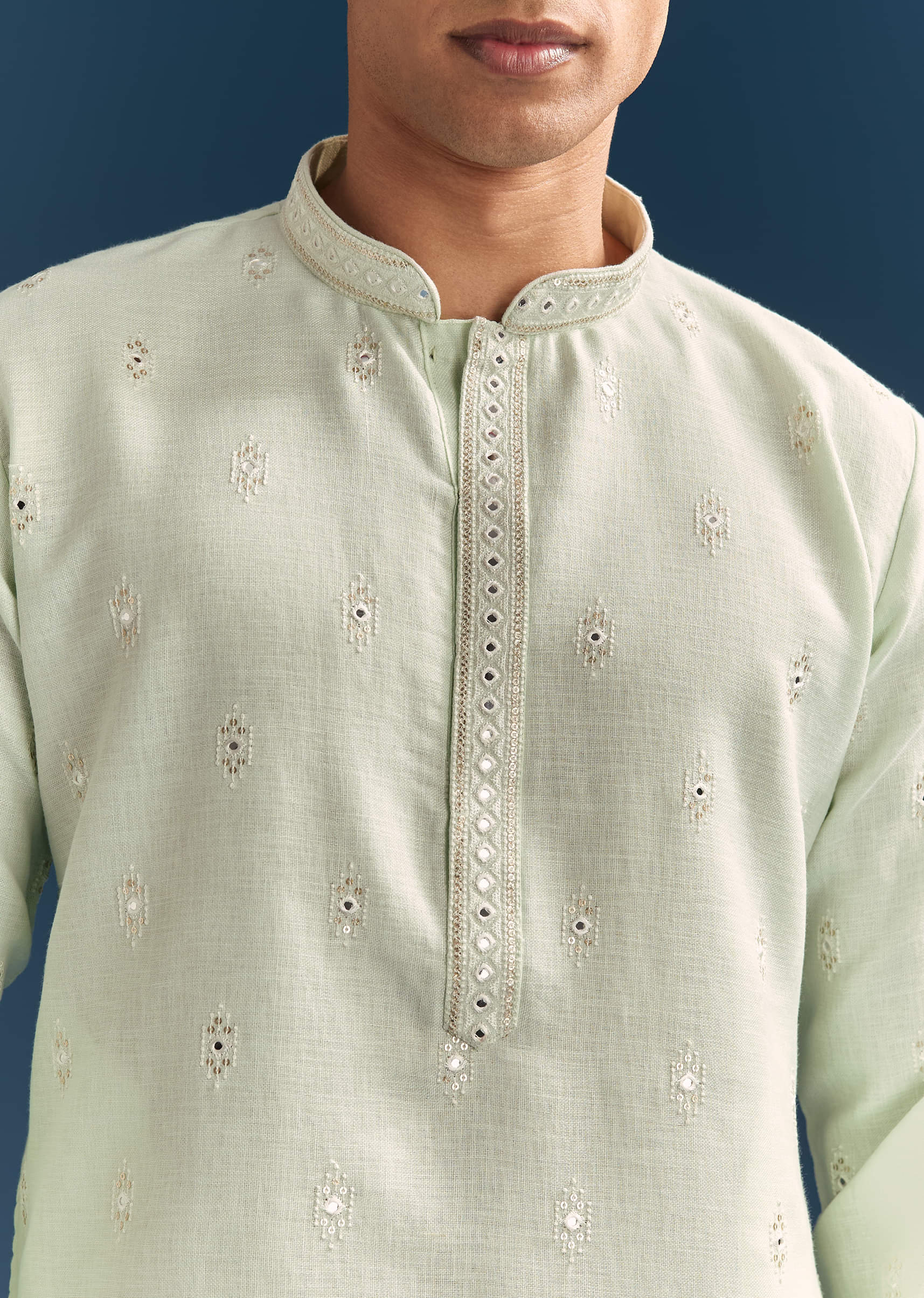 Green Silk Kurta Set For Men With Mirror Embroidery - Image 2