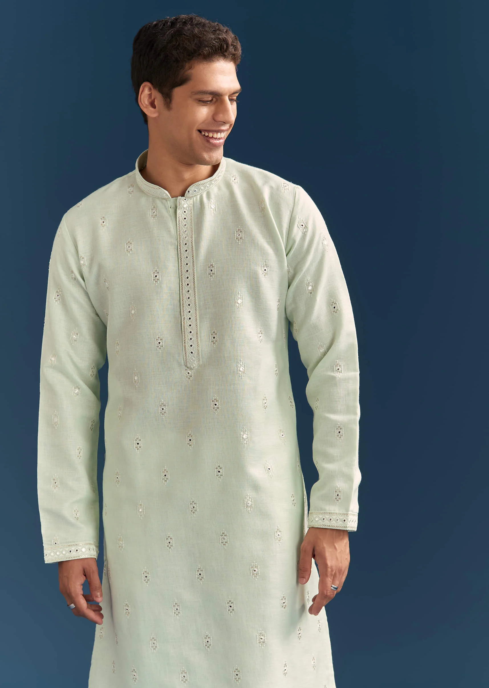 Green Silk Kurta Set For Men With Mirror Embroidery - Image 4