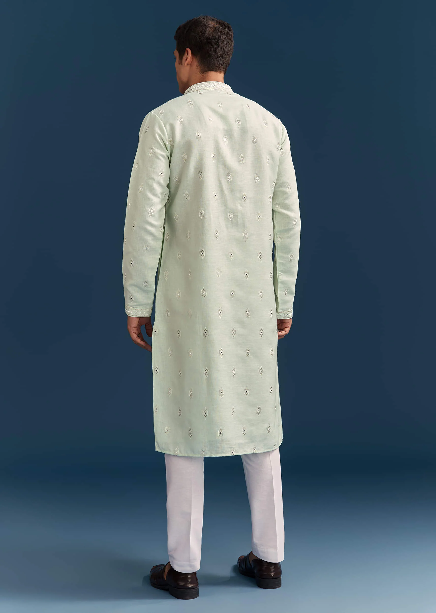 Green Silk Kurta Set For Men With Mirror Embroidery - Image 5