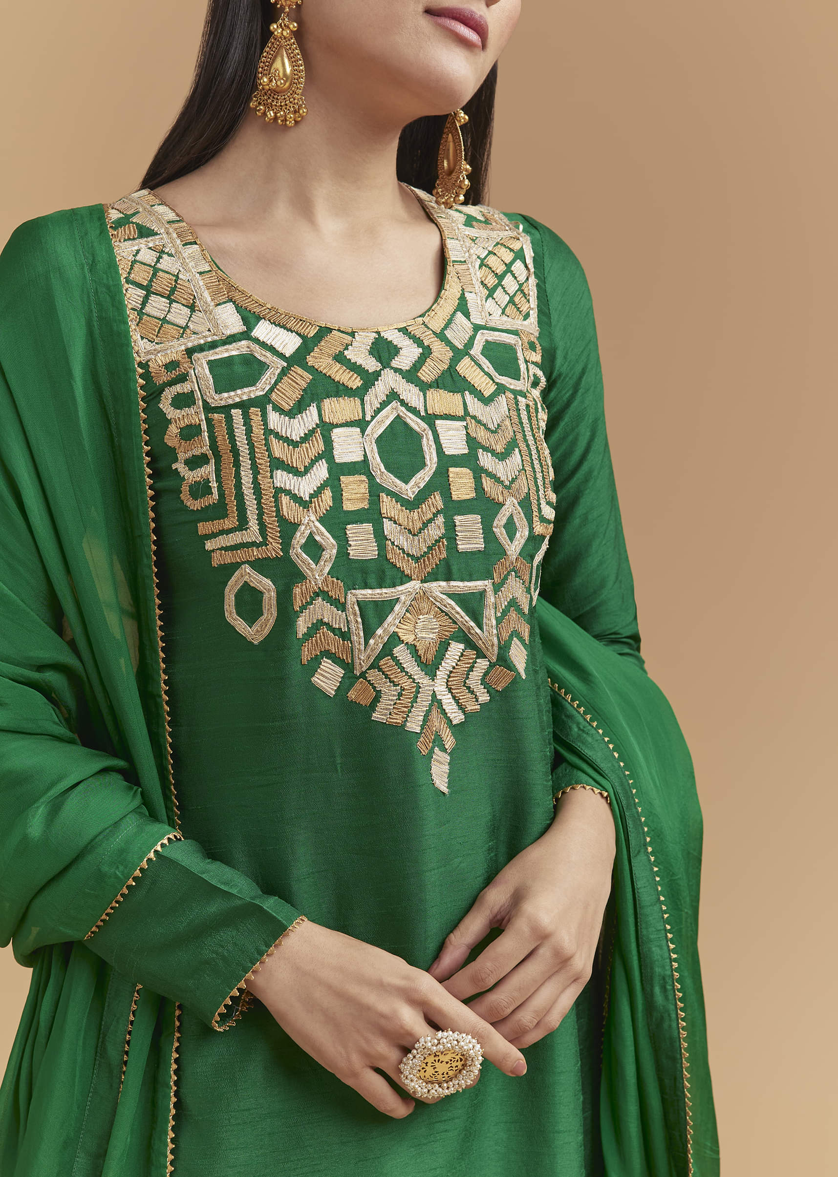Green Silk Kurta Set With Gota Work - Image 2