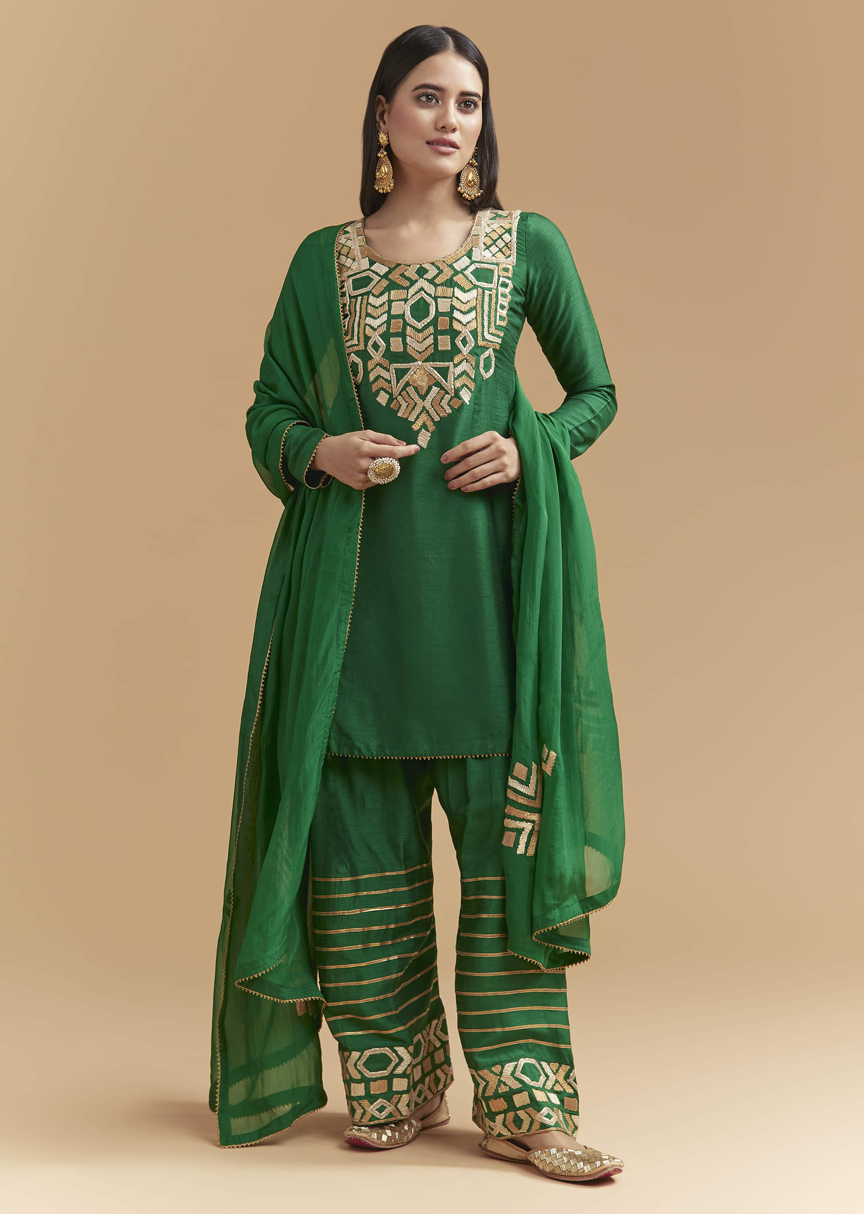 Green Silk Kurta Set With Gota Work - Image 3