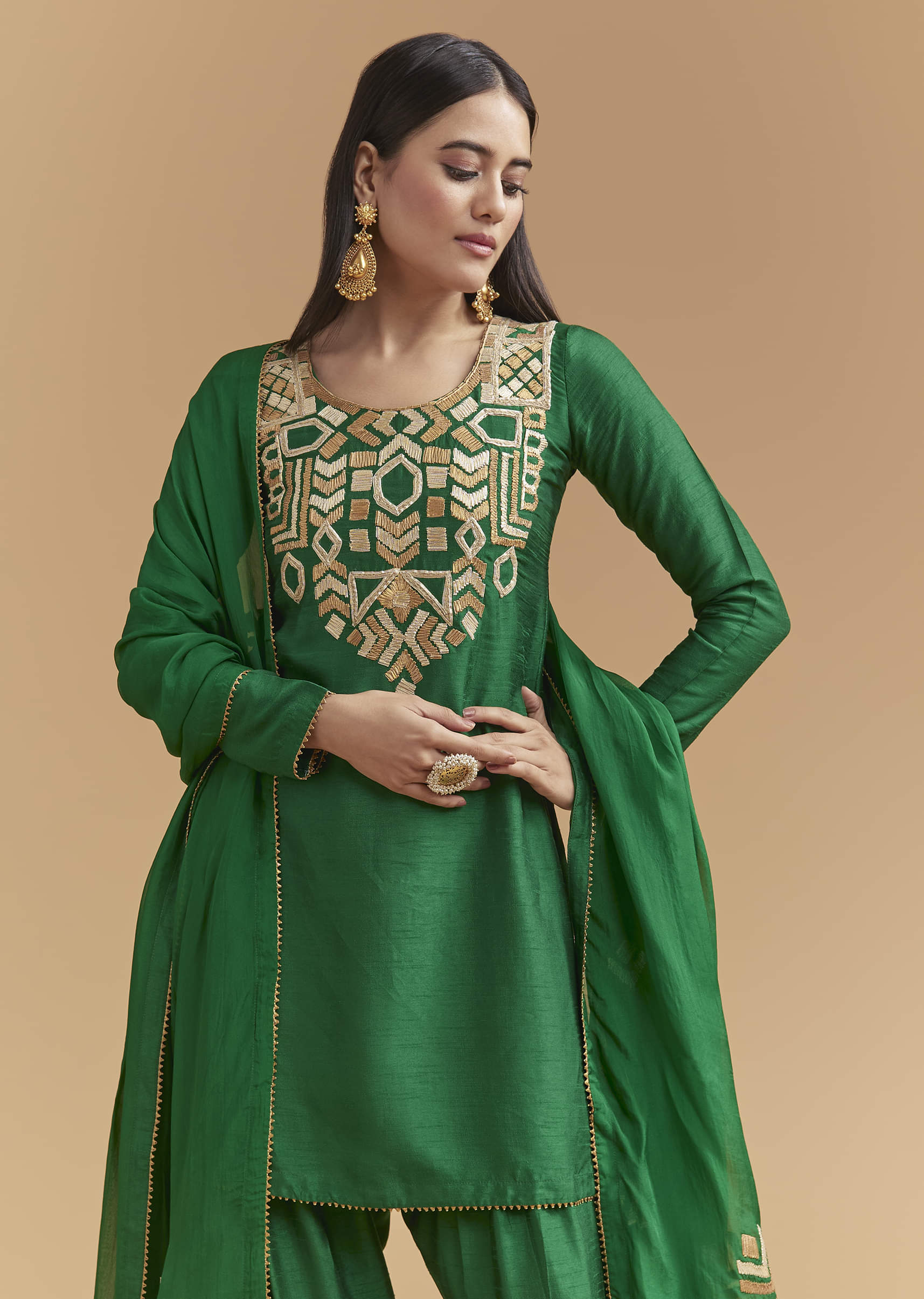 Green Silk Kurta Set With Gota Work - Image 4