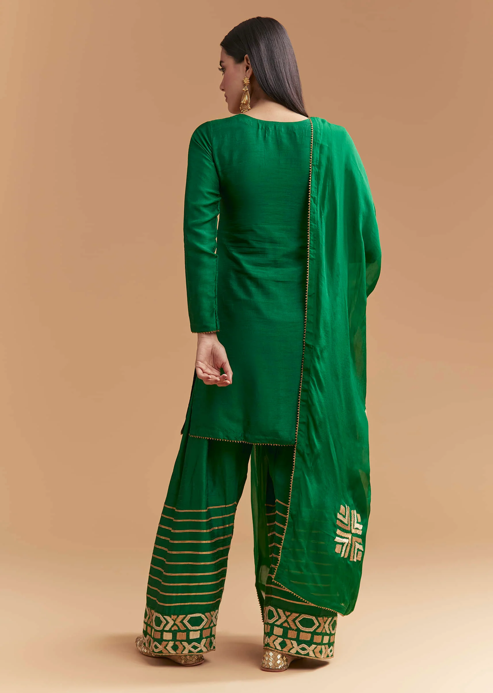 Green Silk Kurta Set With Gota Work - Image 5