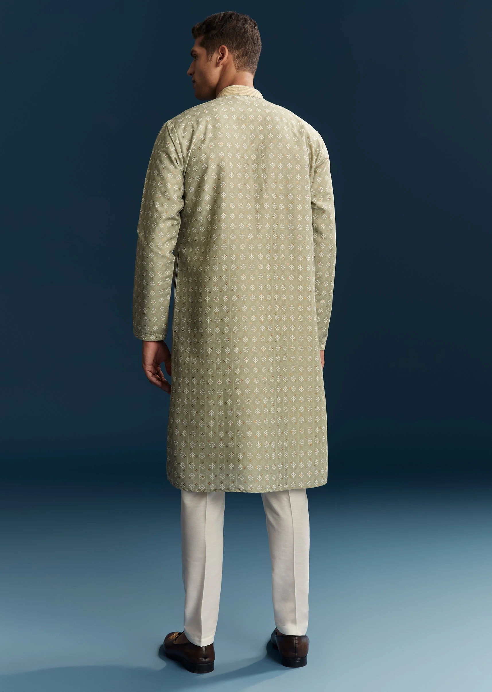Green Silk Kurta Set With Minimal Thread Detail - Image 5