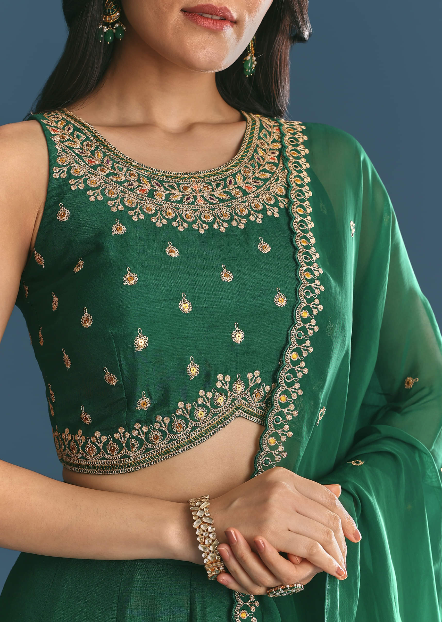 Green Silk Lehenga Choli With Zari And Sequins Work - Image 2