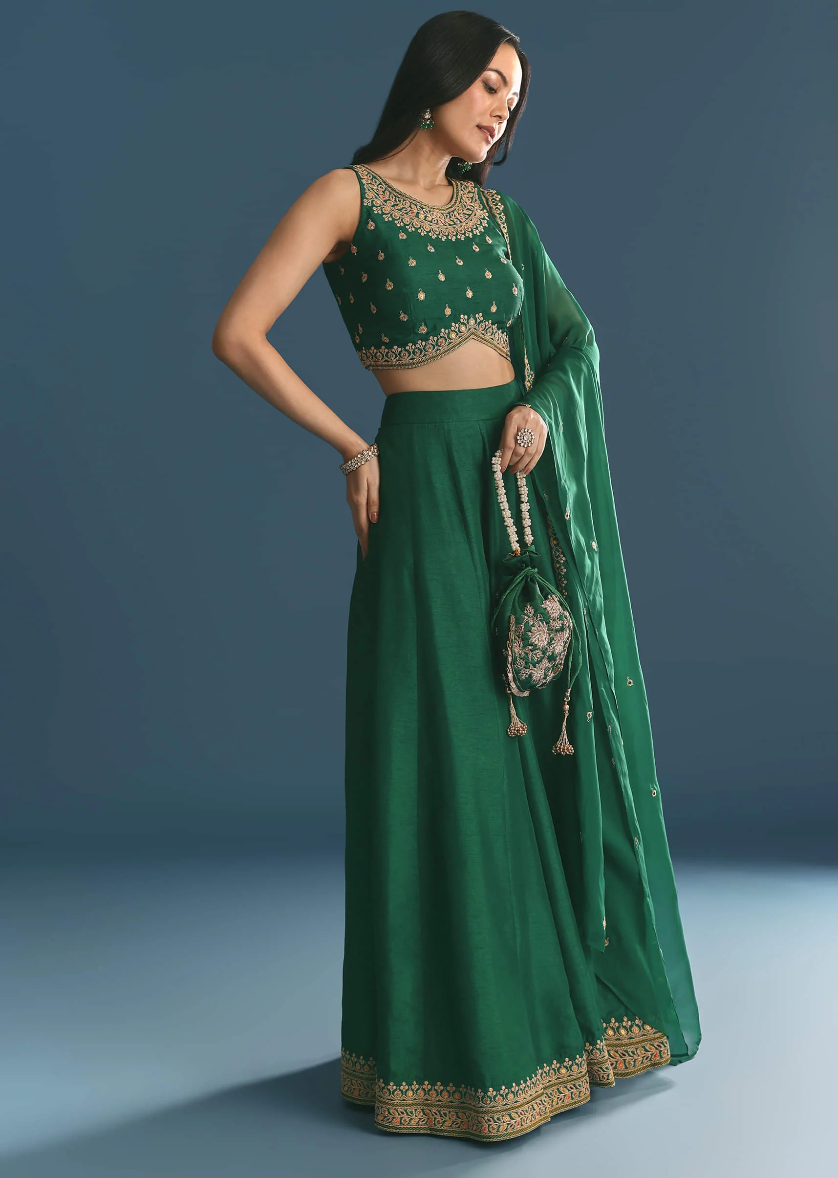 Green Silk Lehenga Choli With Zari And Sequins Work - Image 3