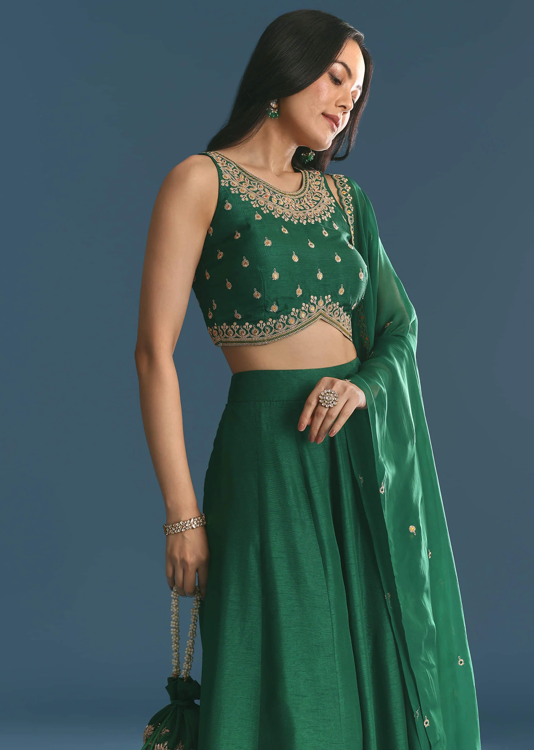 Green Silk Lehenga Choli With Zari And Sequins Work - Image 4
