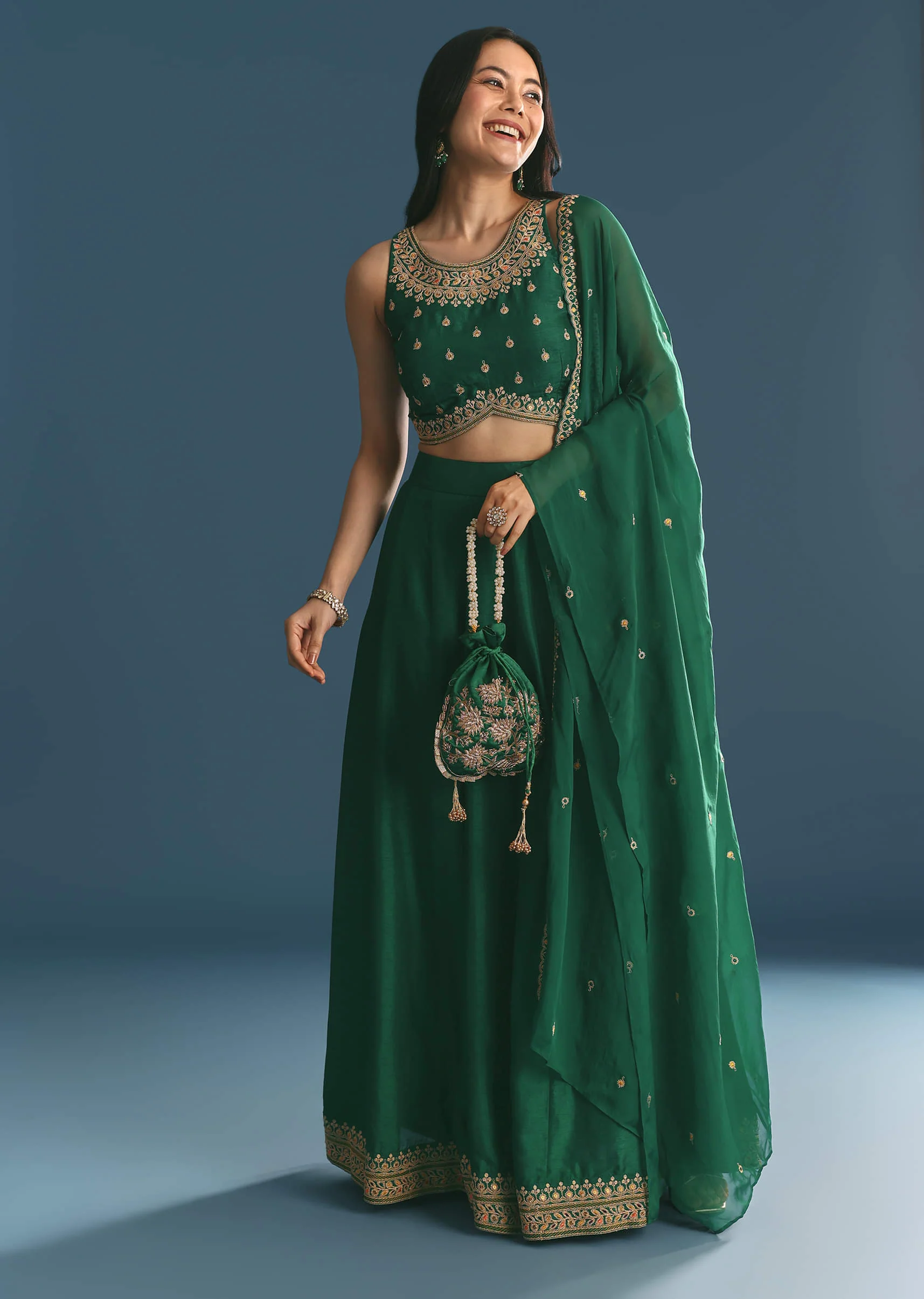 Green Silk Lehenga Choli With Zari And Sequins Work - Image 6