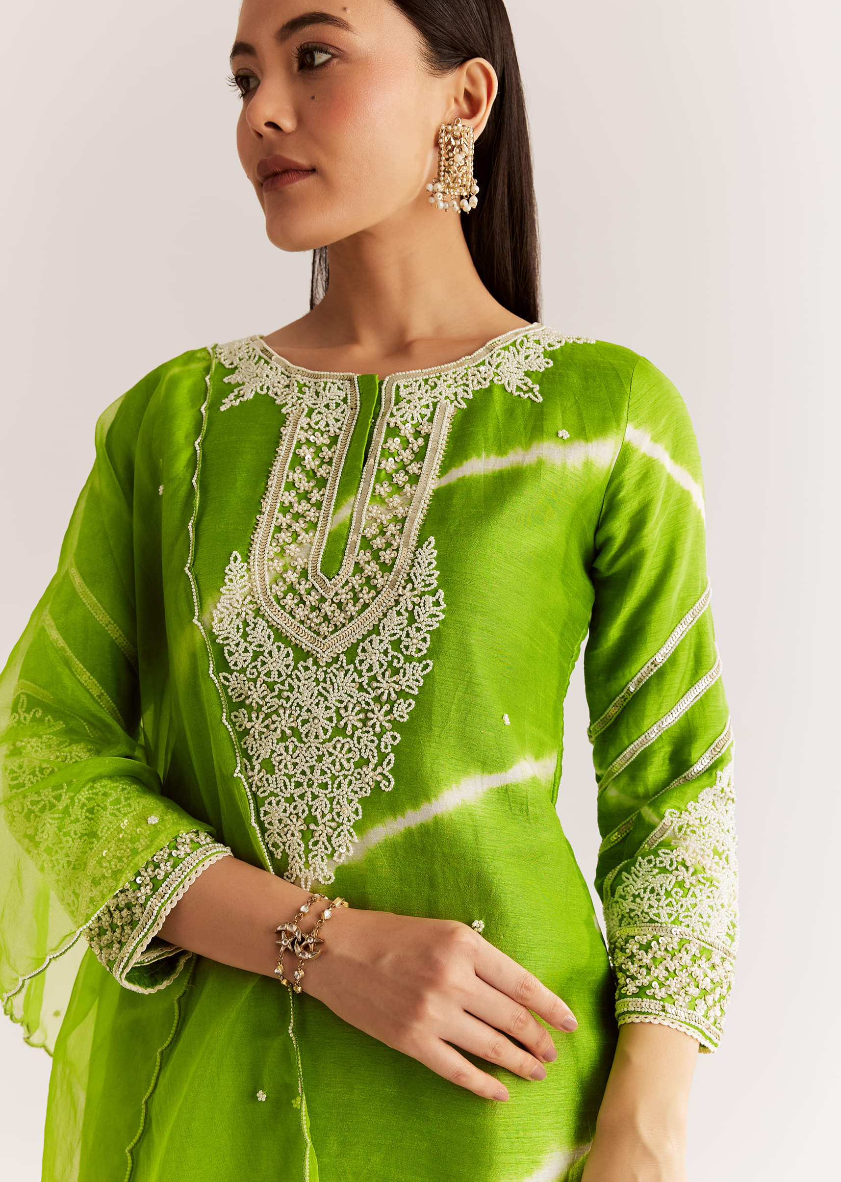 Green Silk Leheriya Kurta Set With Moti Work - Image 2