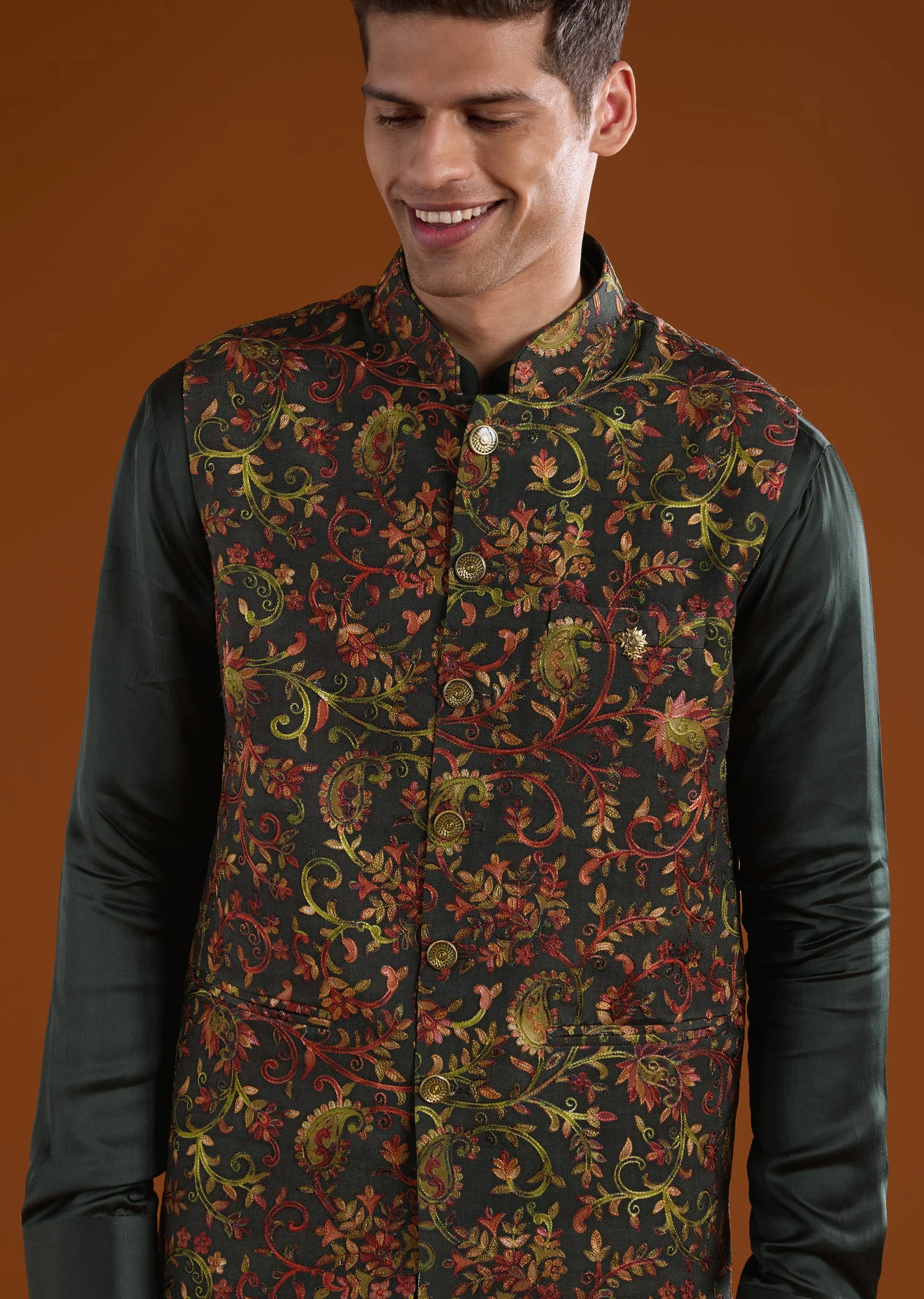 Green Silk Mens Kurta Jacket Set - Image 2