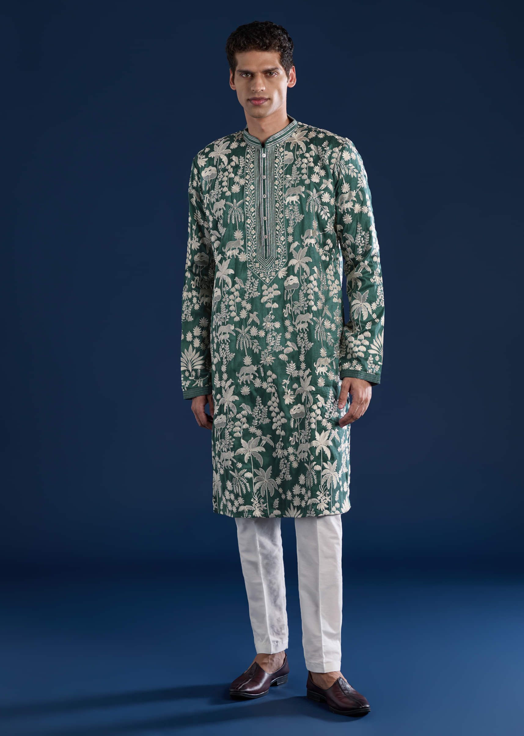 Green Silk Mirror Embellished Mens Kurta and Pant Set - Image 4