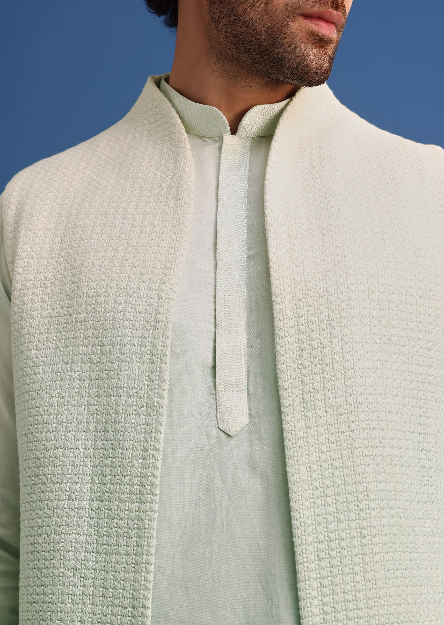 Green Silk Ombre Zardosi Kurta Jacket Set - Image 2