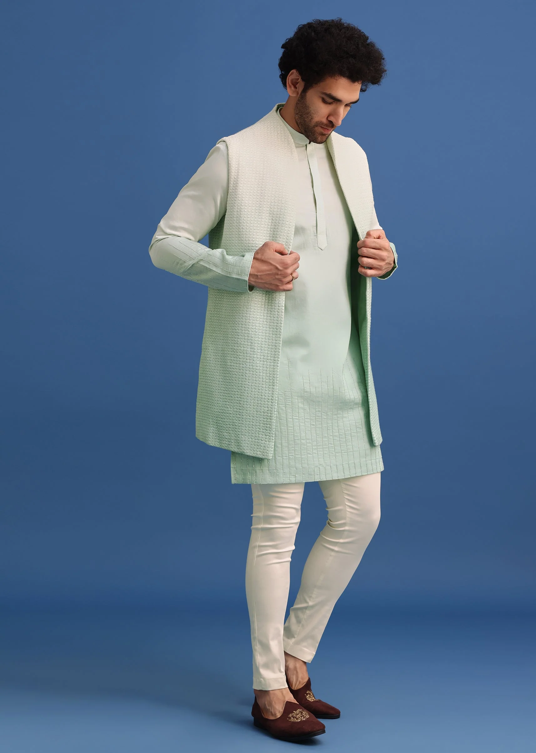 Green Silk Ombre Zardosi Kurta Jacket Set - Image 3