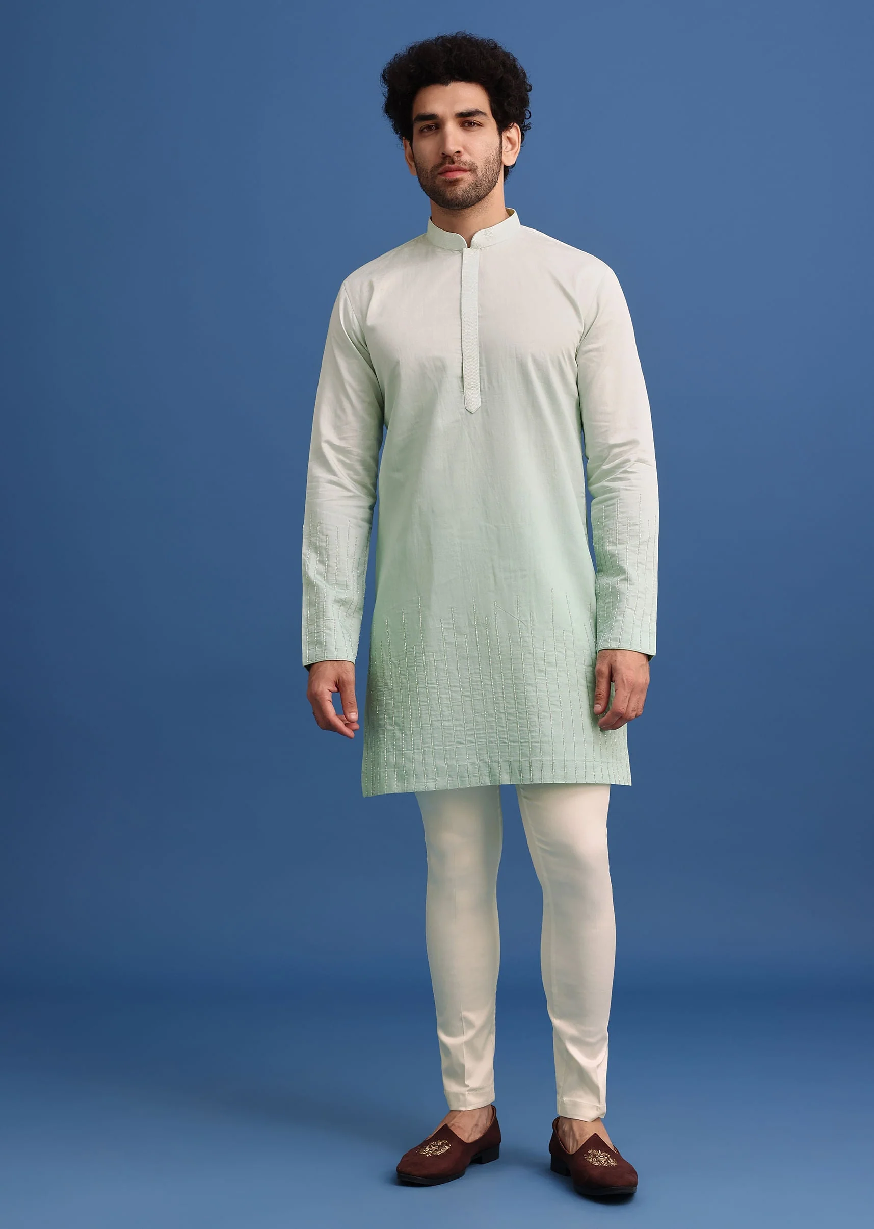 Green Silk Ombre Zardosi Kurta Jacket Set - Image 6