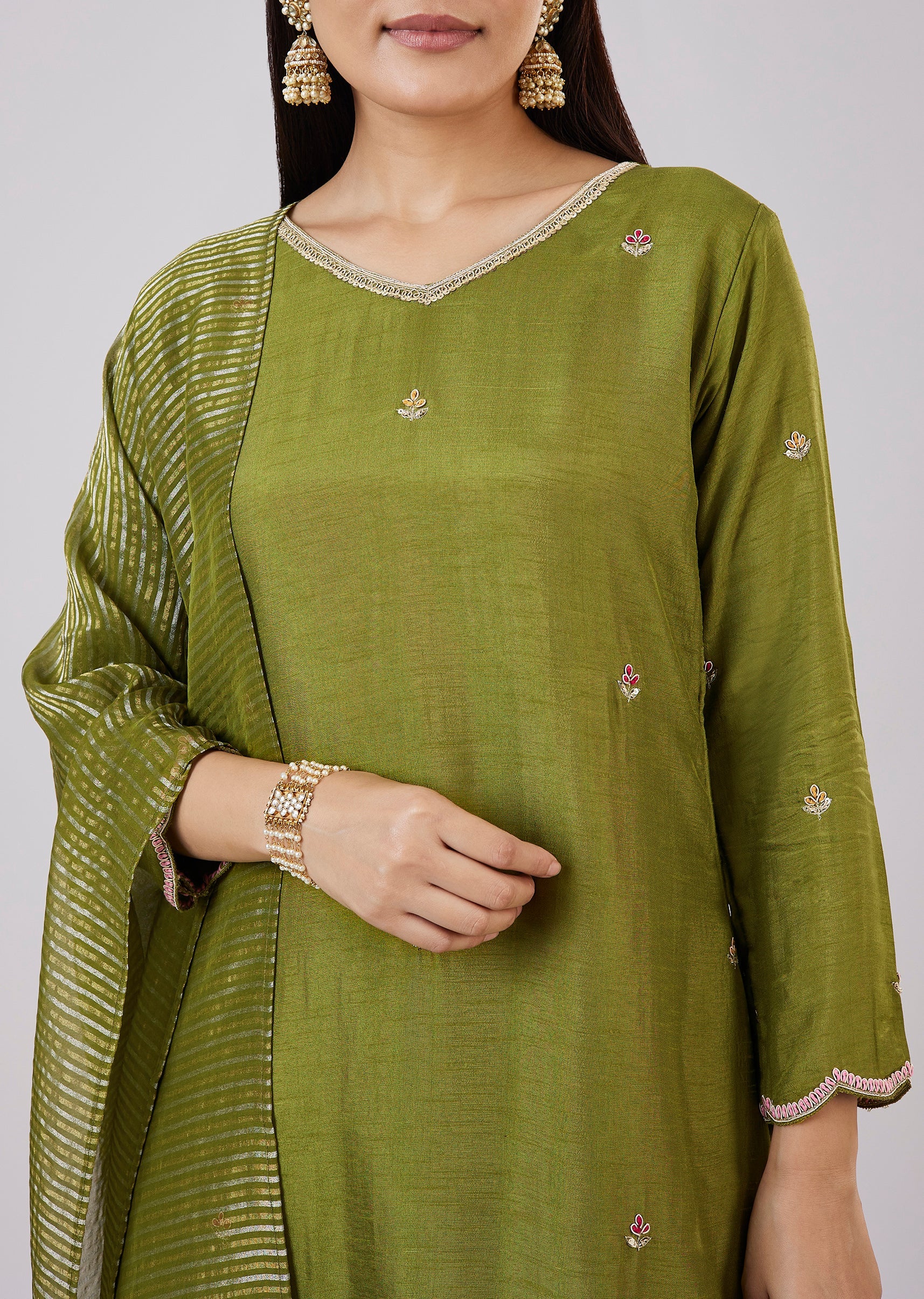 Green Silk Palazzo Set With Zari And Sequins Work - Image 2