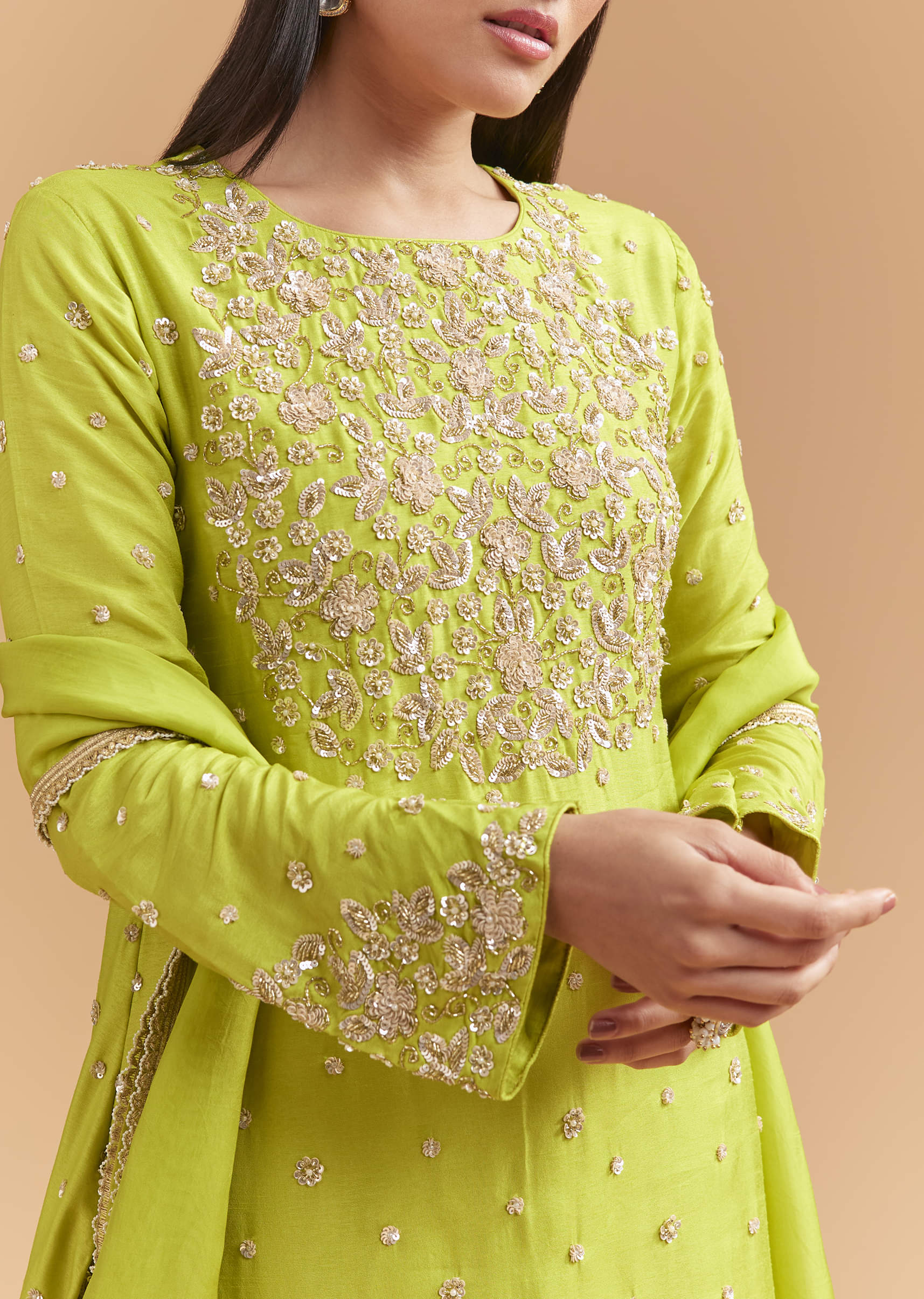 Green Silk Palazzo Suit With Sequins And Cutdana Work - Image 2