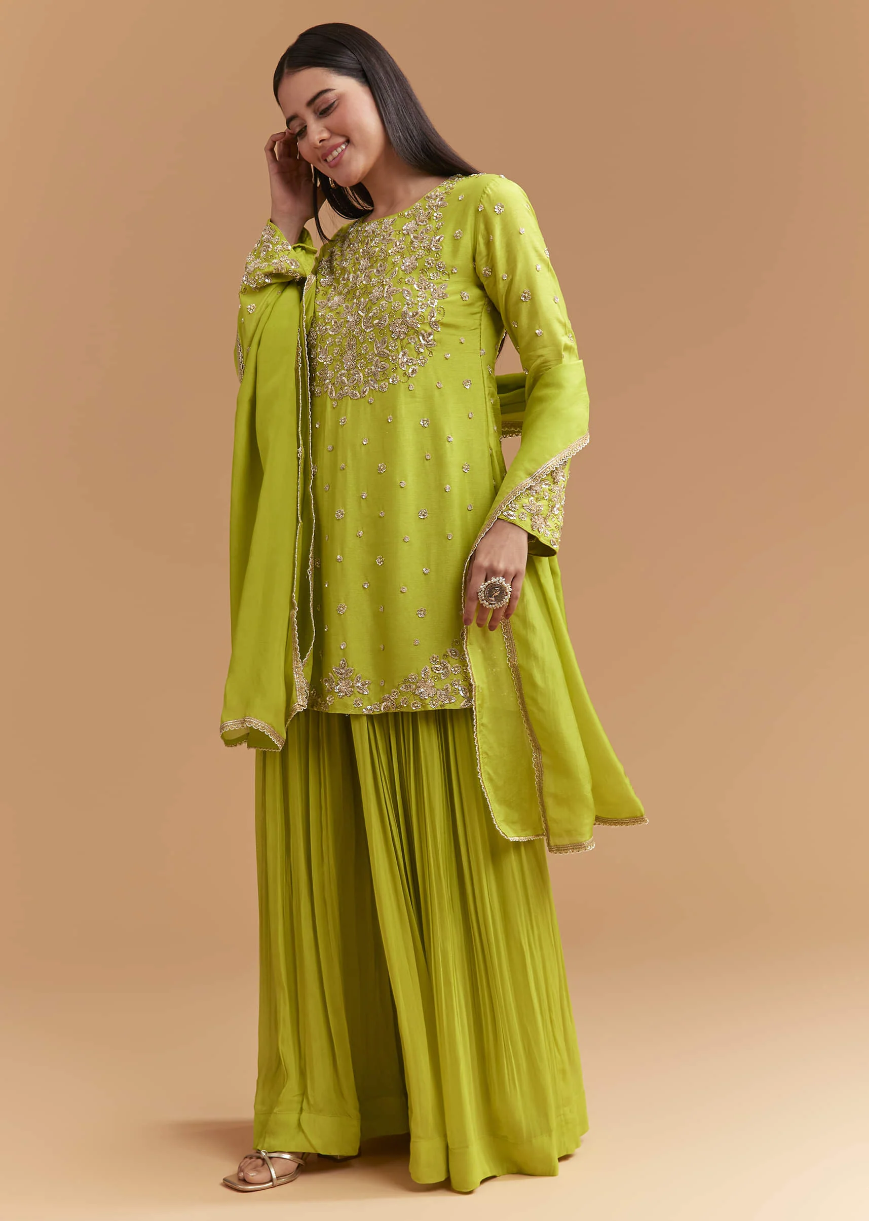 Green Silk Palazzo Suit With Sequins And Cutdana Work - Image 3