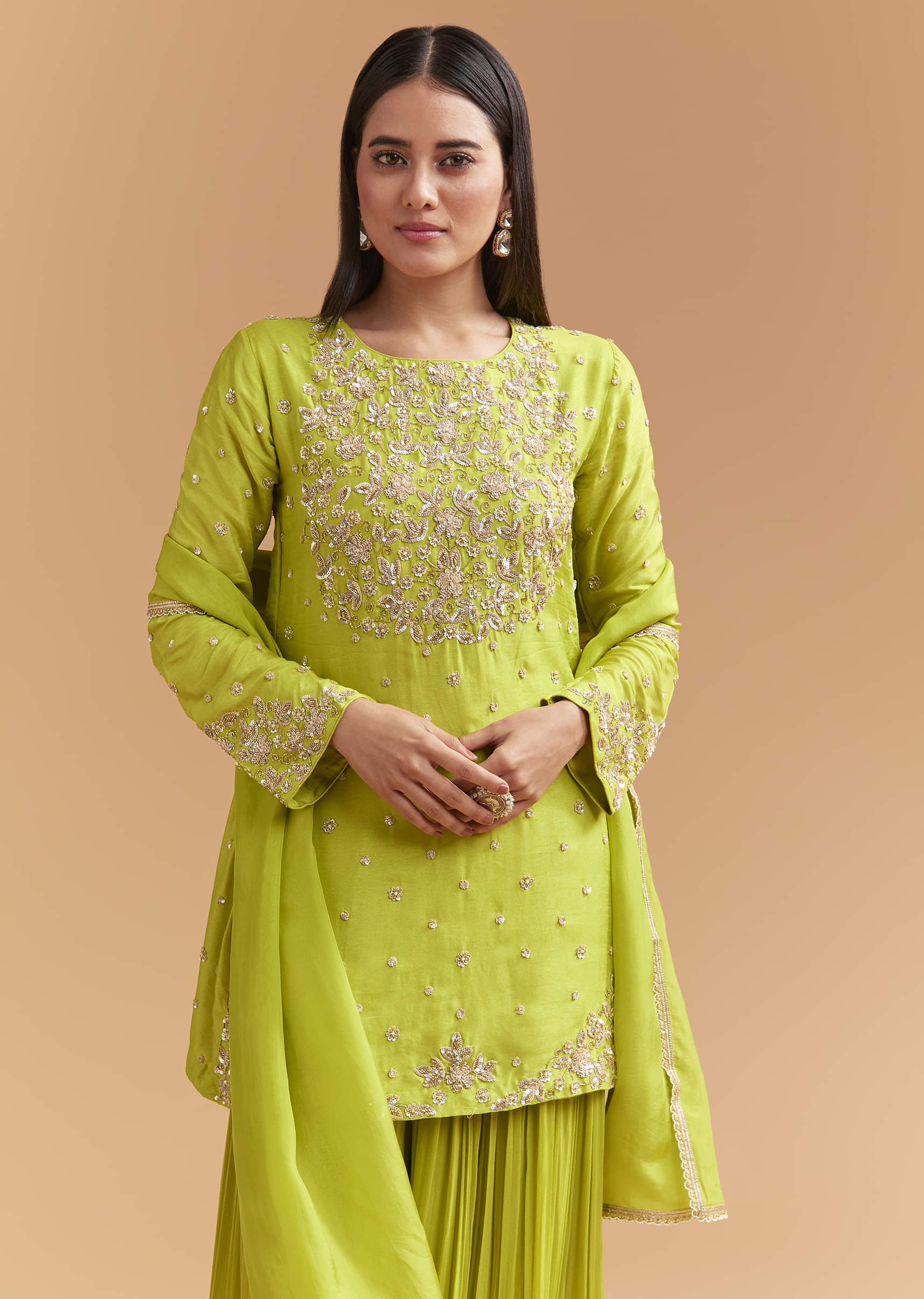 Green Silk Palazzo Suit With Sequins And Cutdana Work - Image 4