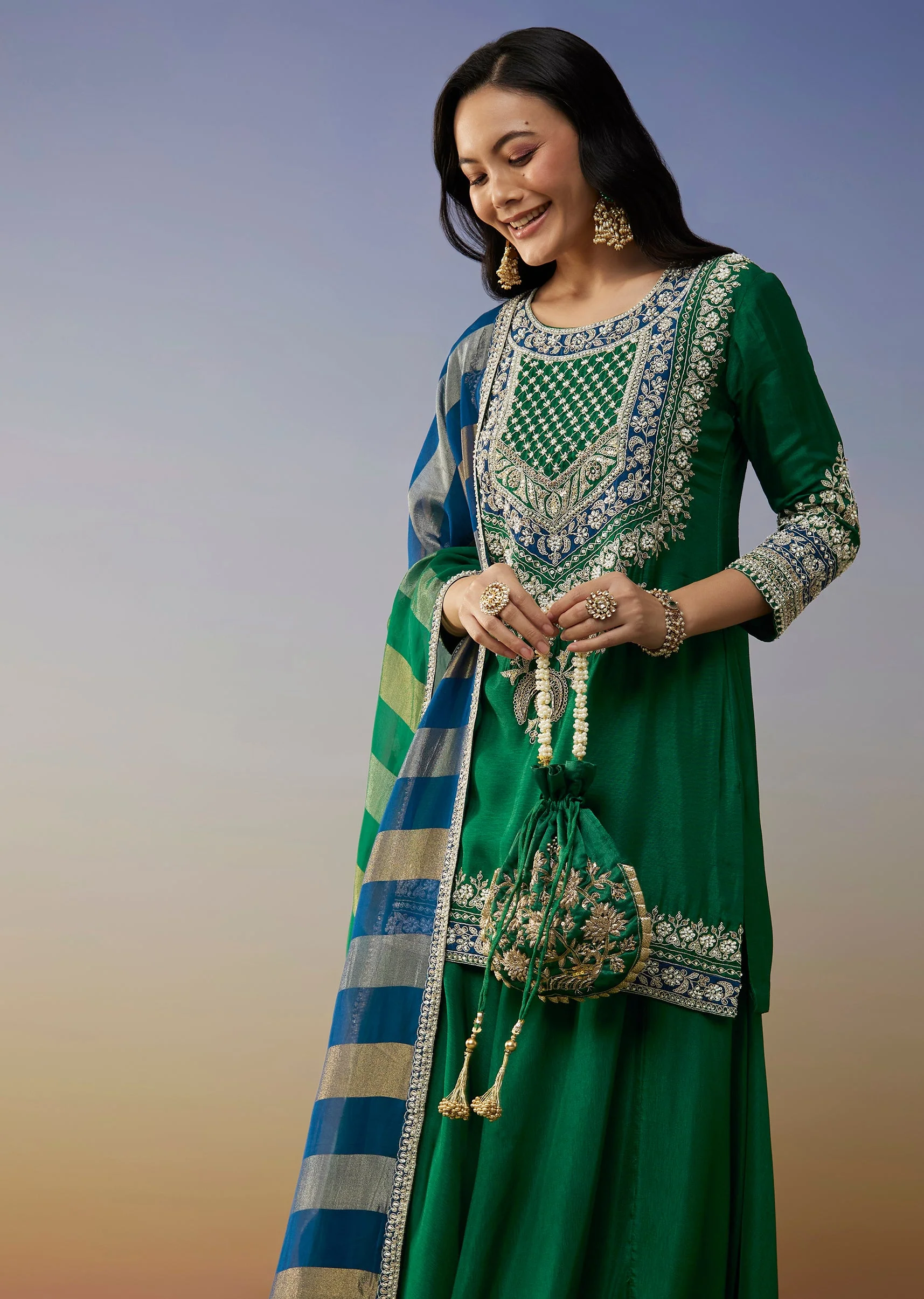 Green Silk Palazzo Suits with Moti Zardosi Work - Image 4