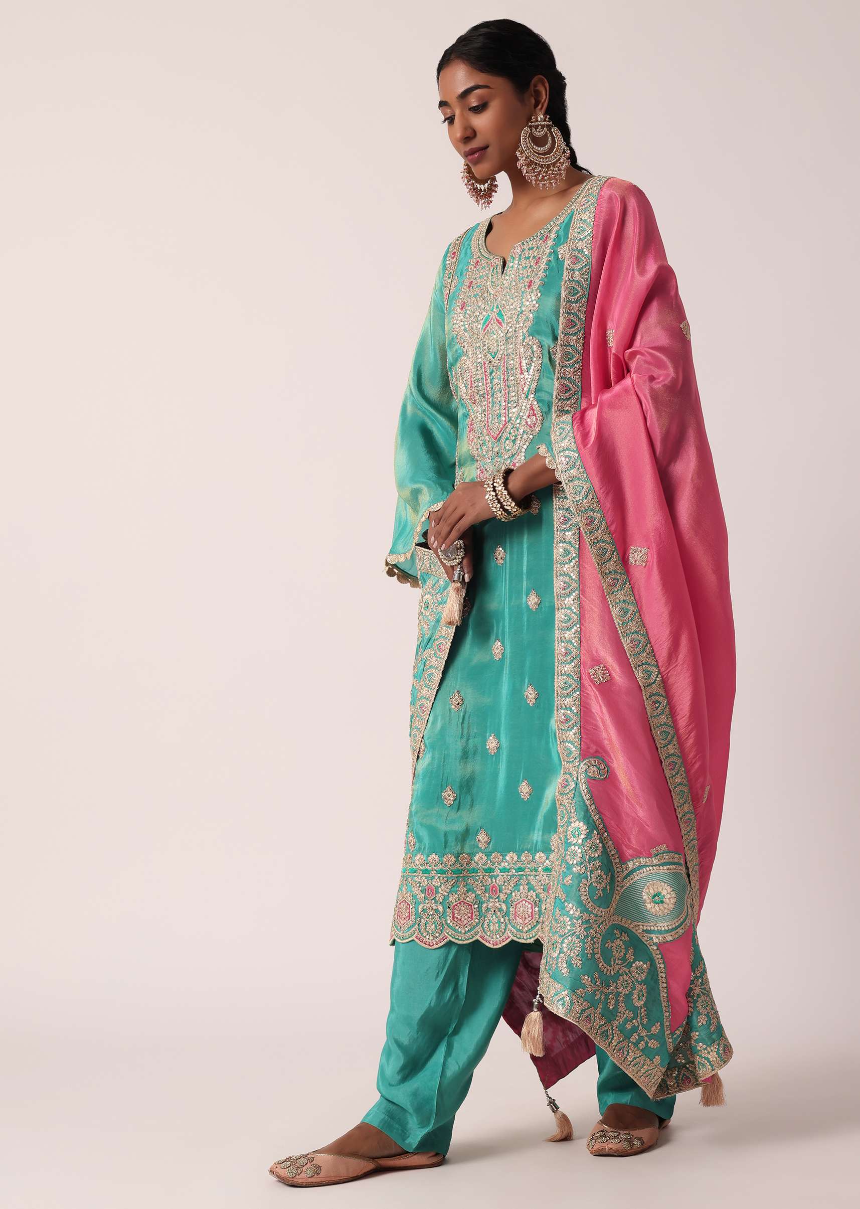 Green Silk Pant Set With Zari Embroidered Kurta - Image 7