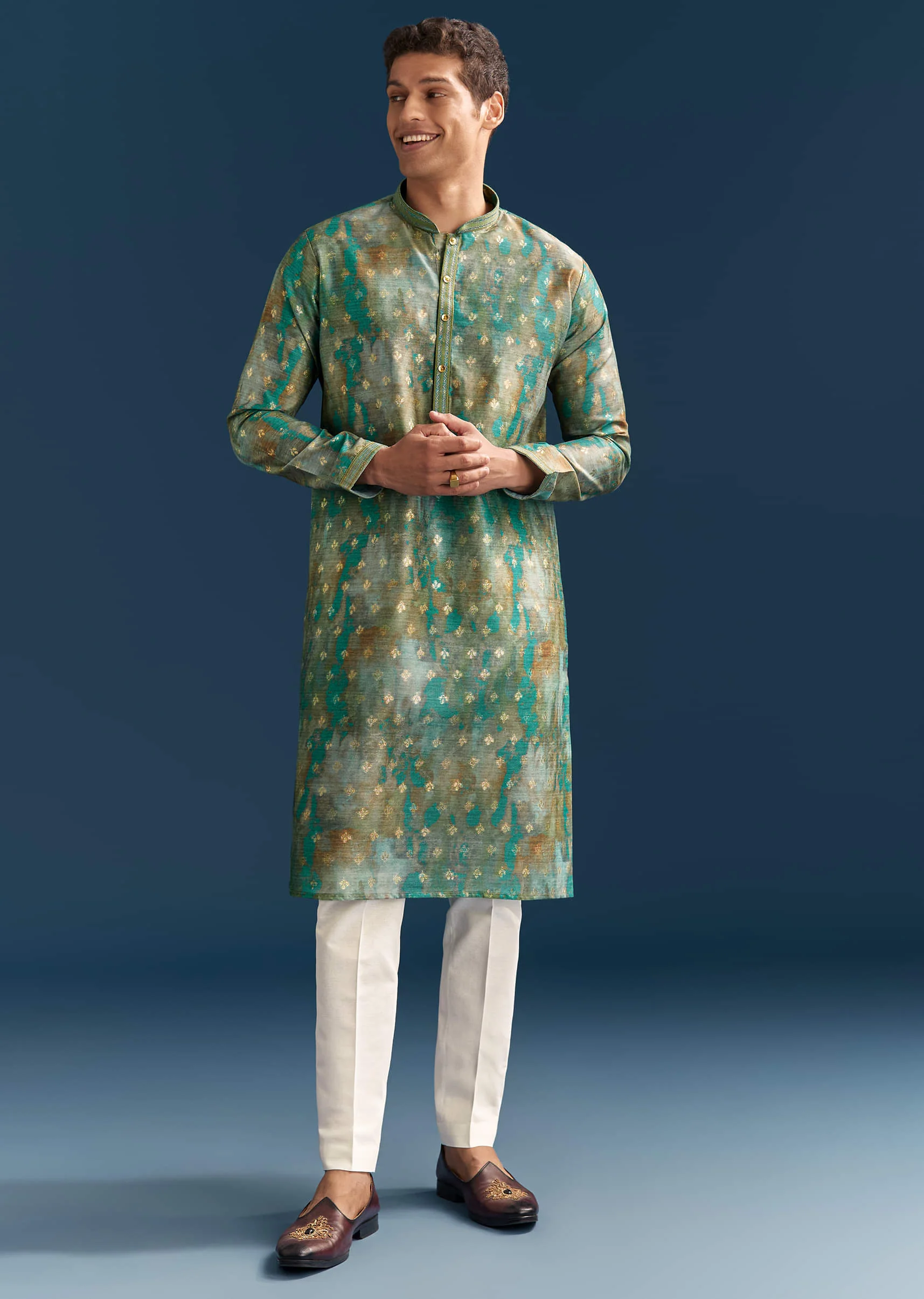 Green Silk Printed Kurta Set For Men With Foil Butti Embroidery - Image 3