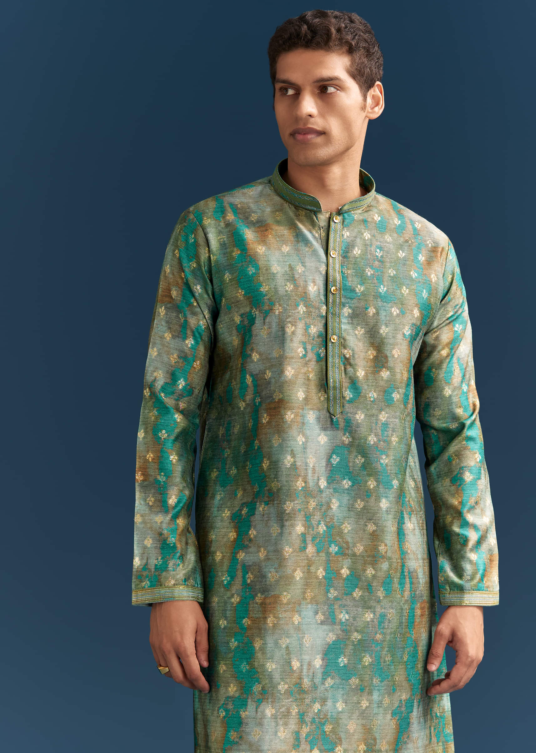 Green Silk Printed Kurta Set For Men With Foil Butti Embroidery - Image 4