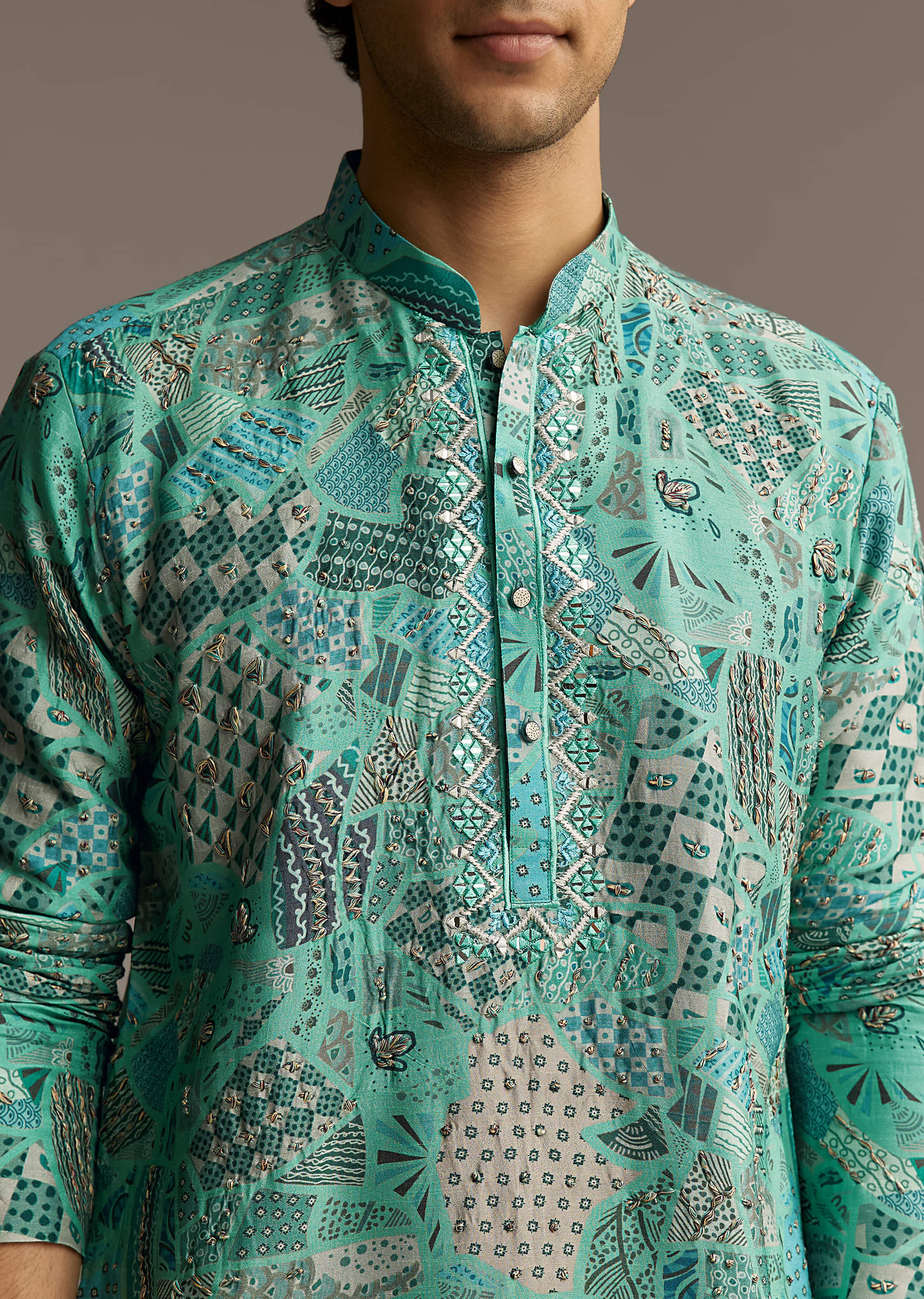 Green Silk Printed Kurta Set For Men With Mirror Work - Image 2