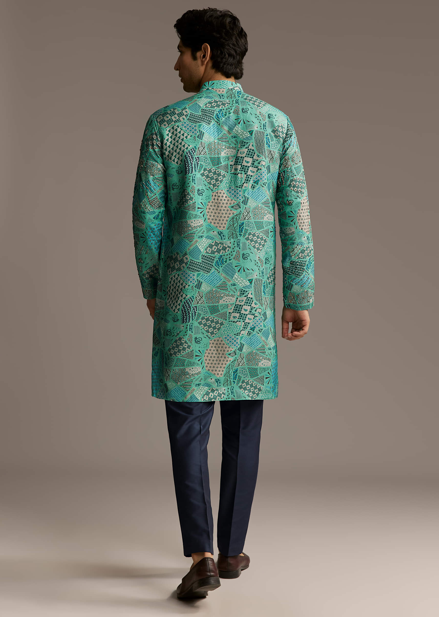 Green Silk Printed Kurta Set For Men With Mirror Work - Image 5