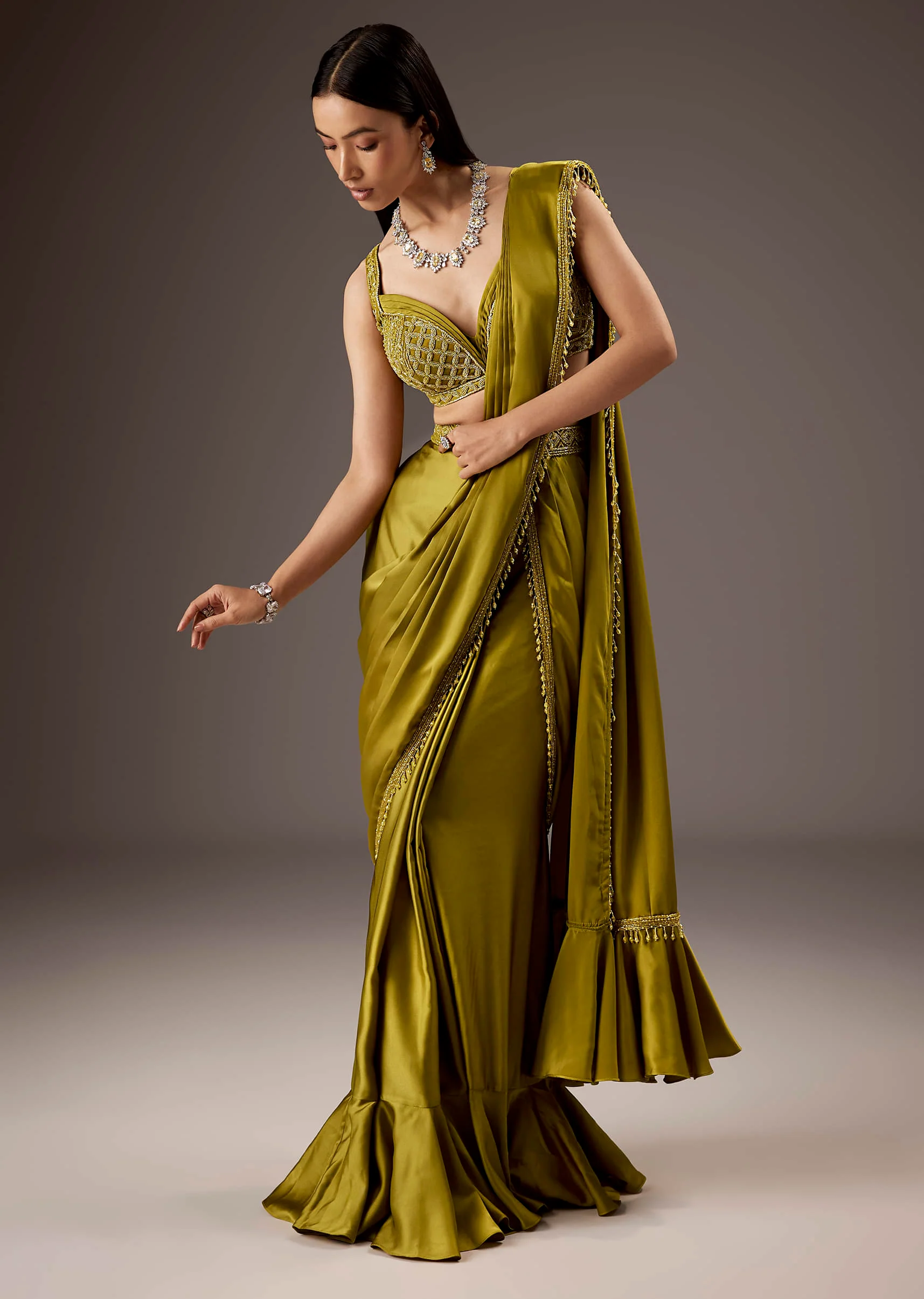 Green Silk Saree With Elegant Bead Work And Frills - Image 4