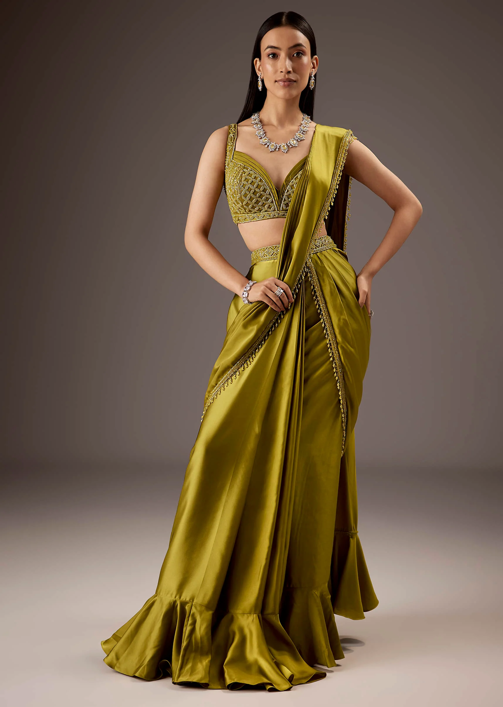 Green Silk Saree With Elegant Bead Work And Frills - Image 6