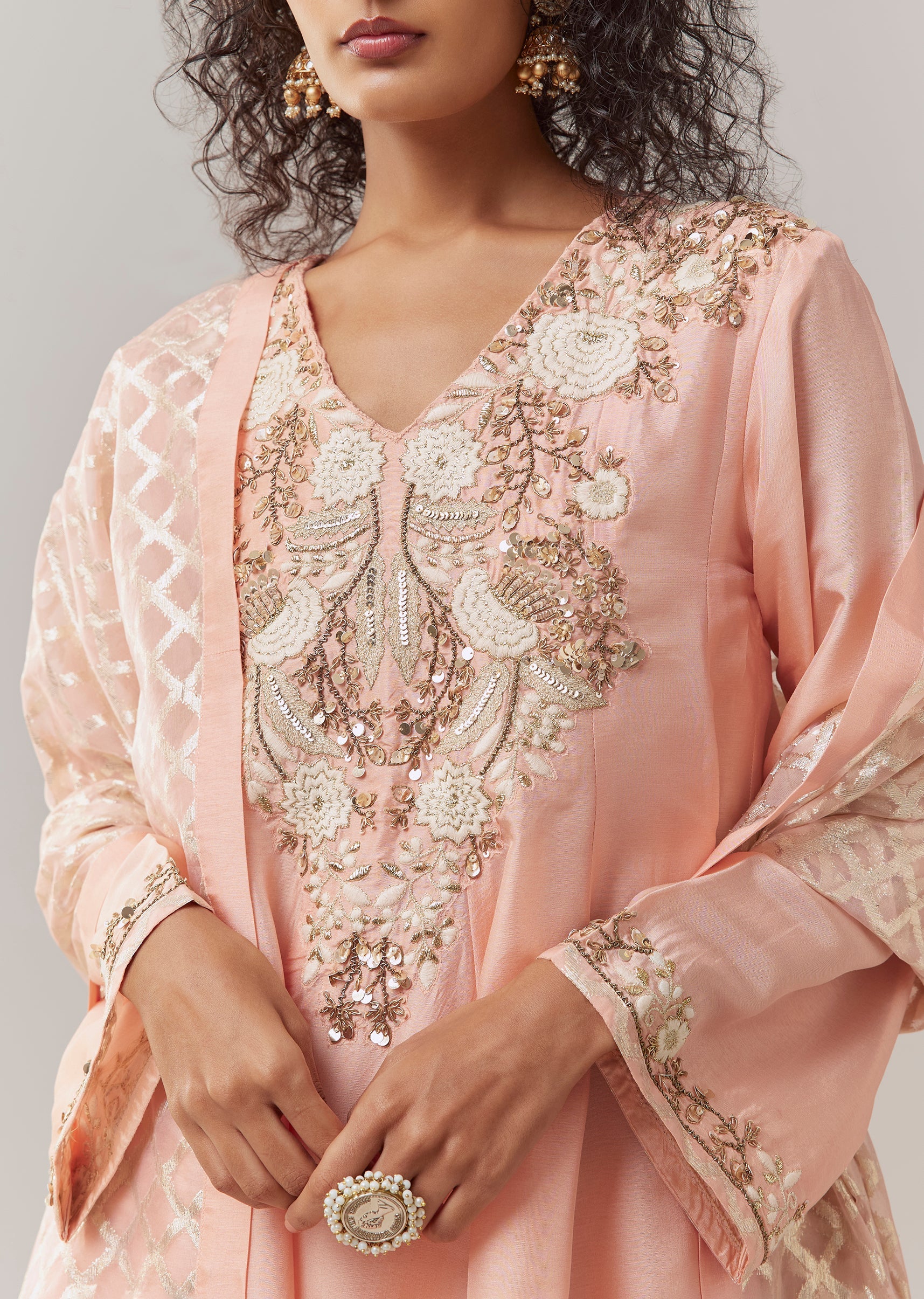 Green Silk Sequin Work Kurta Sharara Set - Image 2