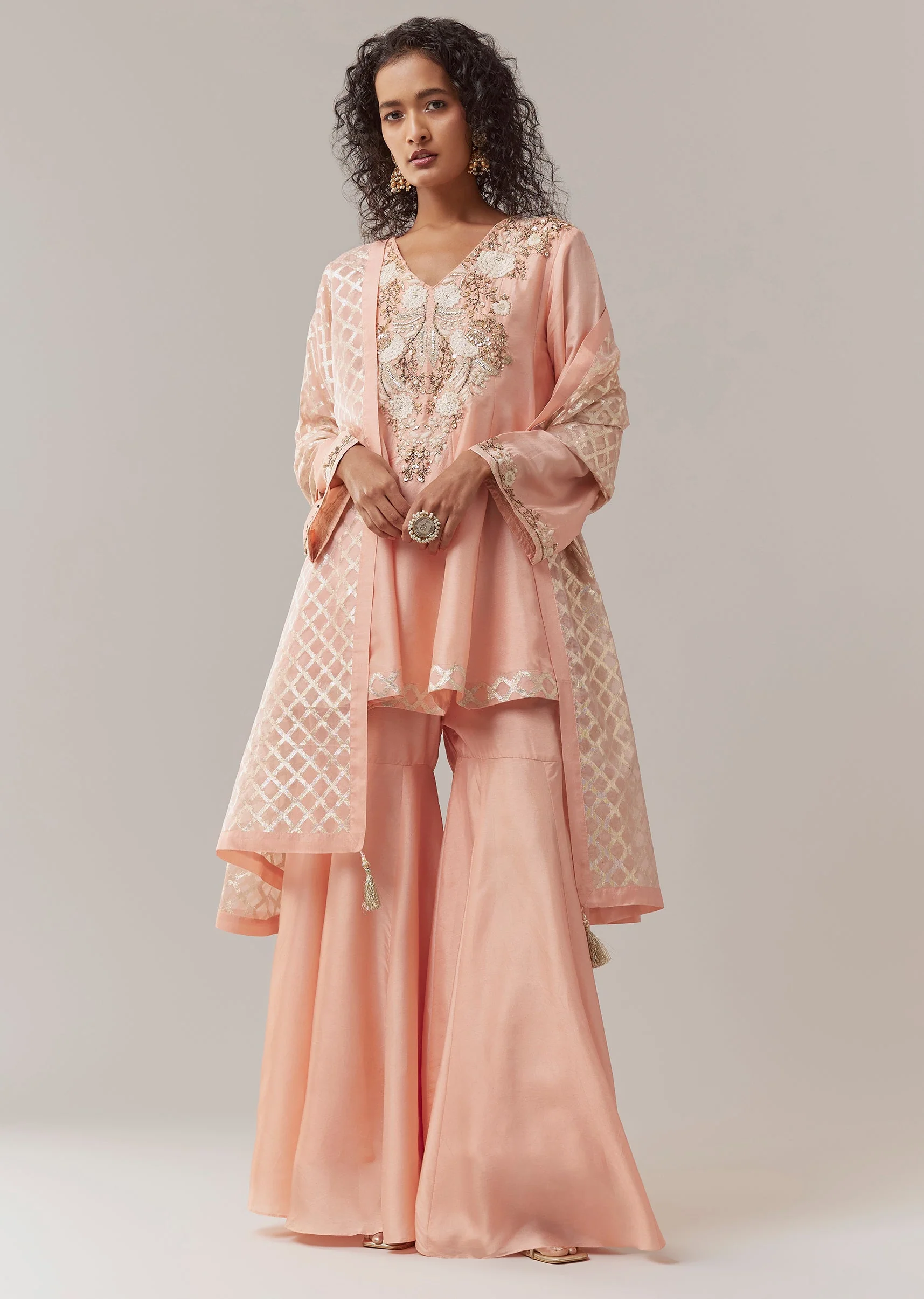 Green Silk Sequin Work Kurta Sharara Set - Image 3