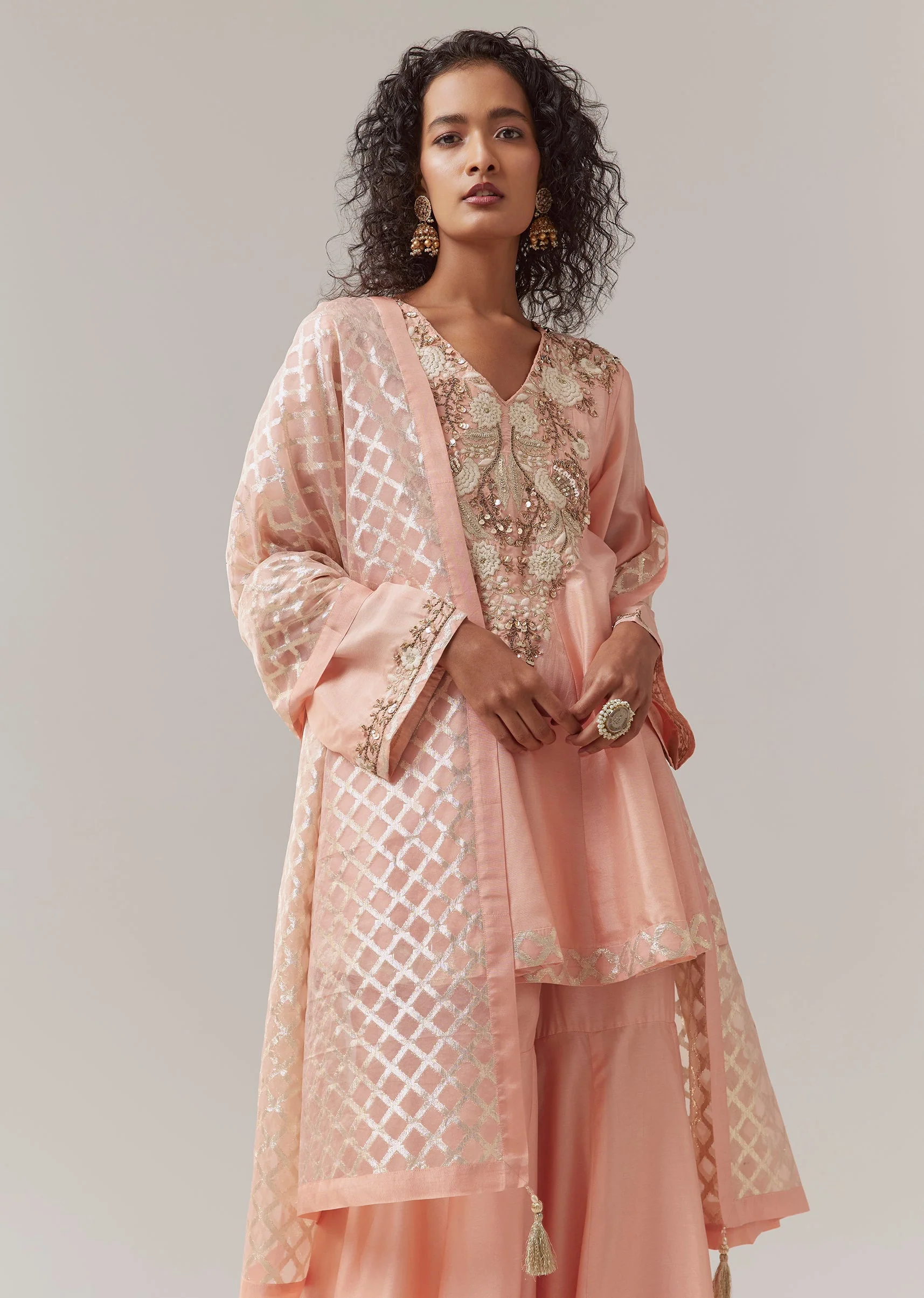 Green Silk Sequin Work Kurta Sharara Set - Image 4