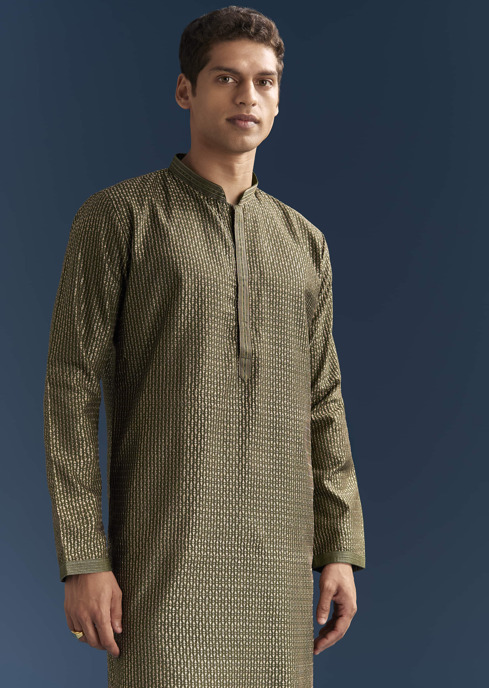 Green Silk Textured Kurta Set For Men With Embroidery - Image 3