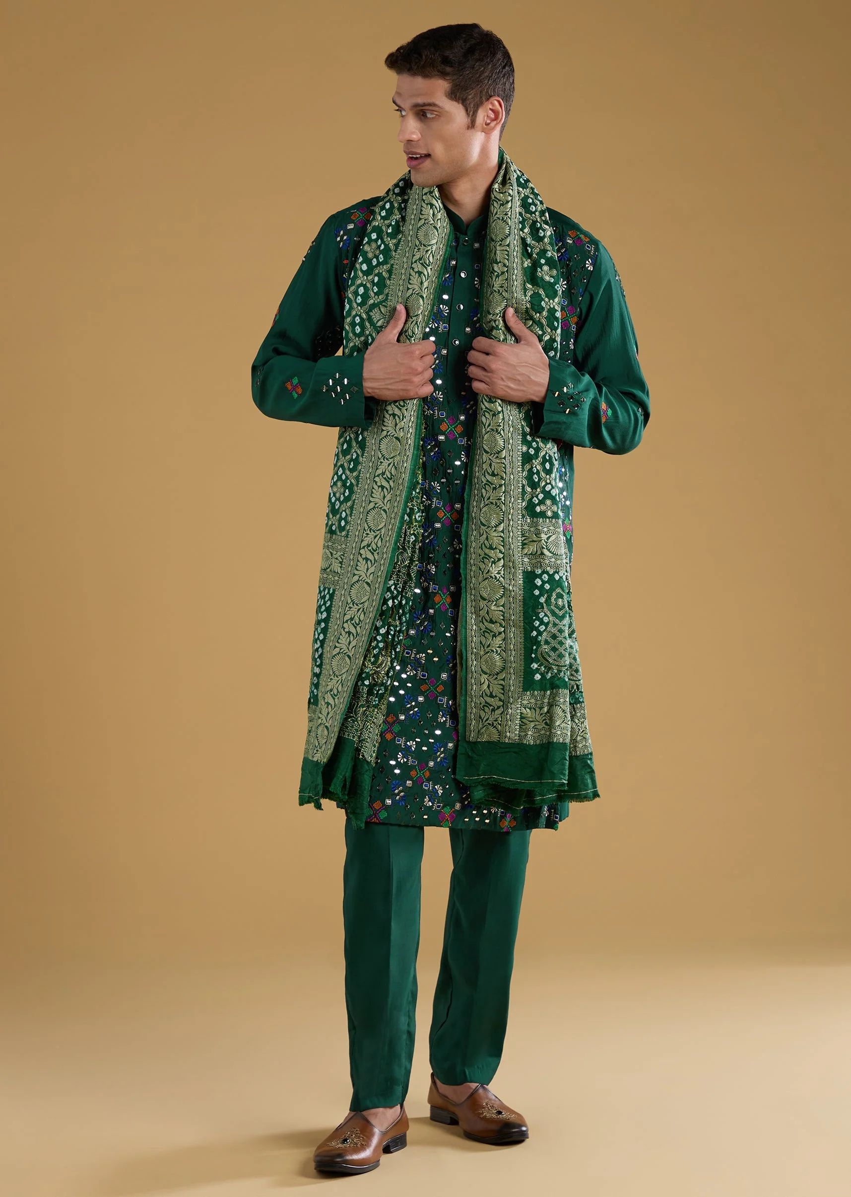 Green Silk Thread Work Men's Kurta Set with Dupatta - Image 3