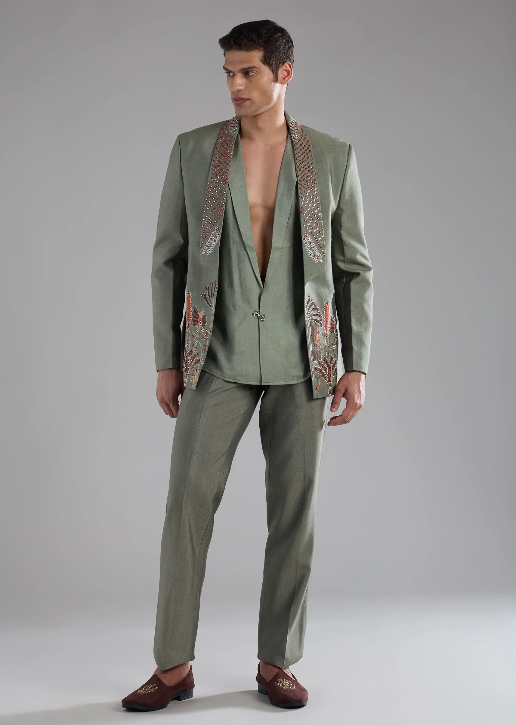 Green Silk Tuxedo Set with Mirror Work