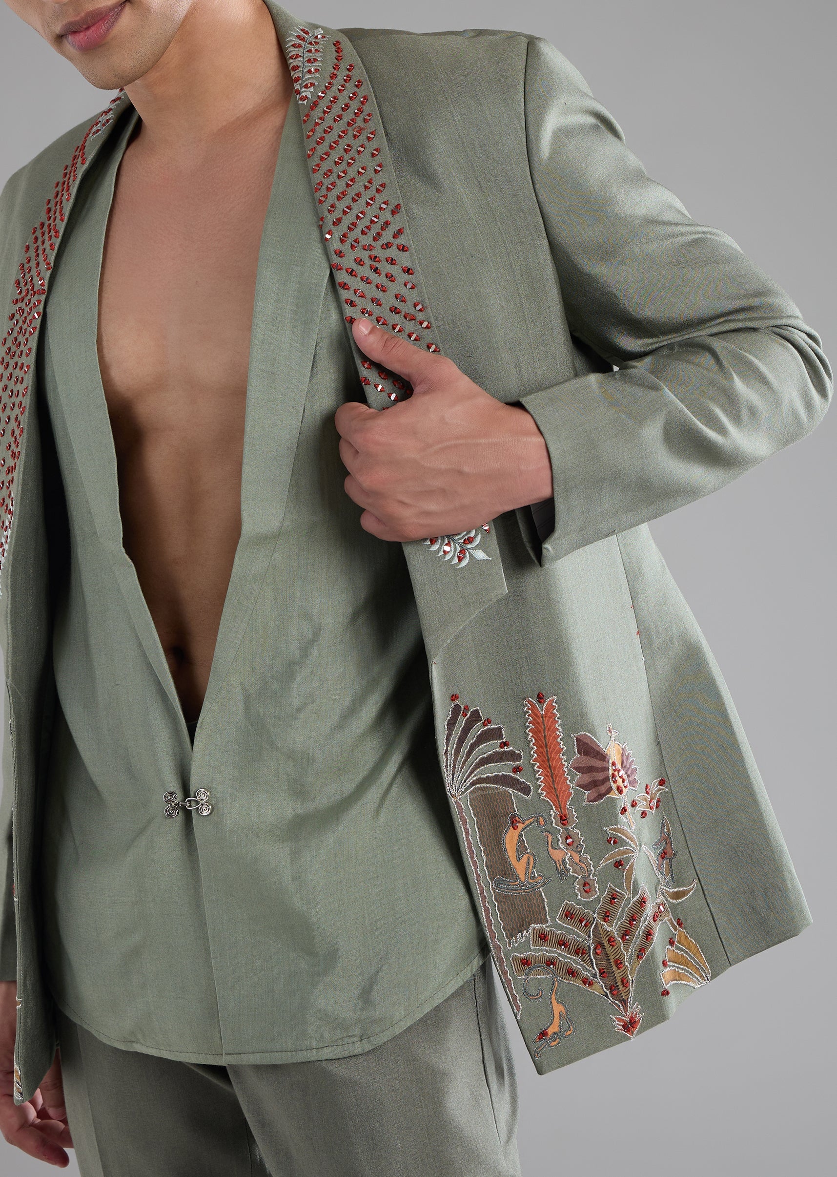 Green Silk Tuxedo Set with Mirror Work - Image 2
