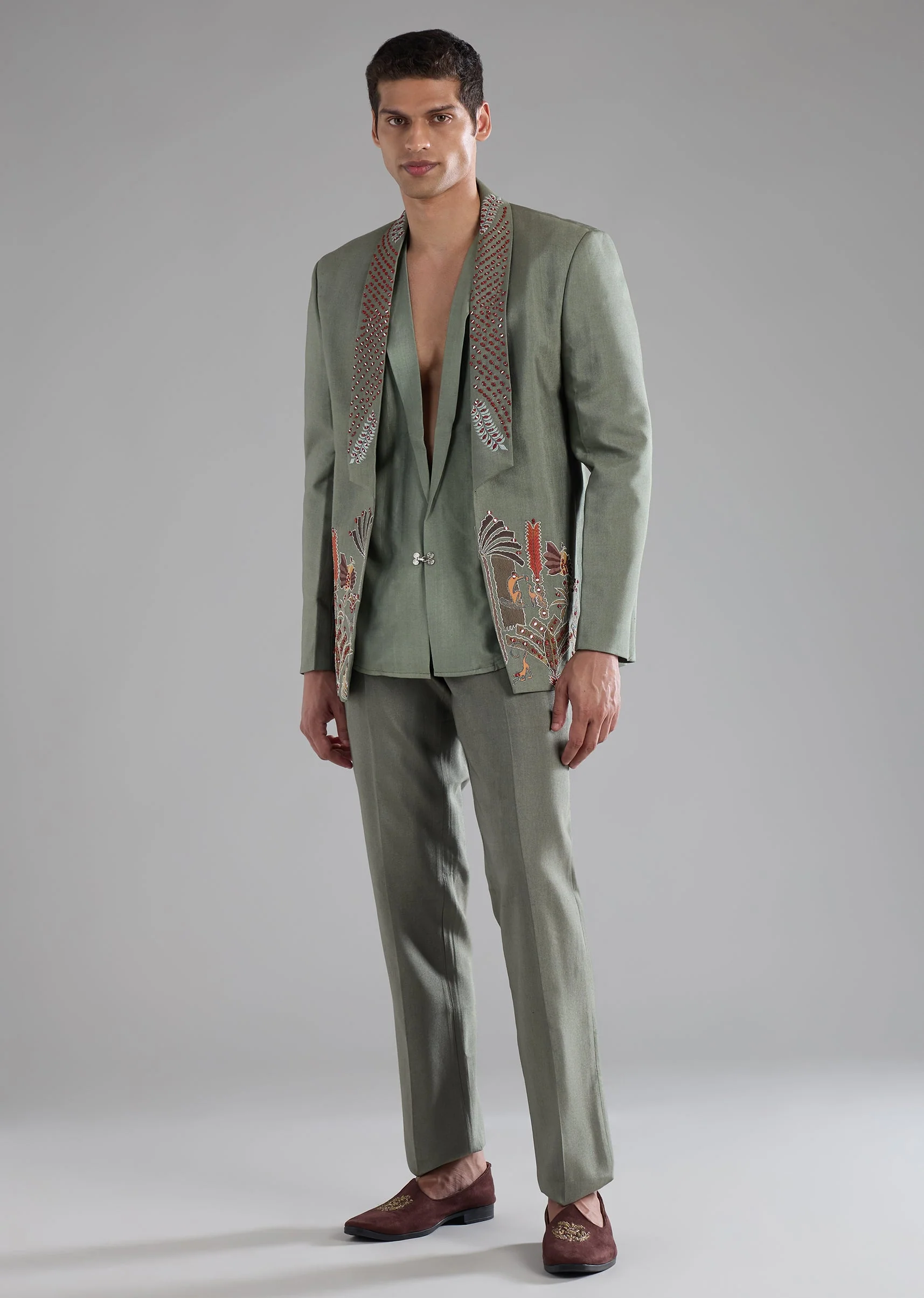 Green Silk Tuxedo Set with Mirror Work - Image 3