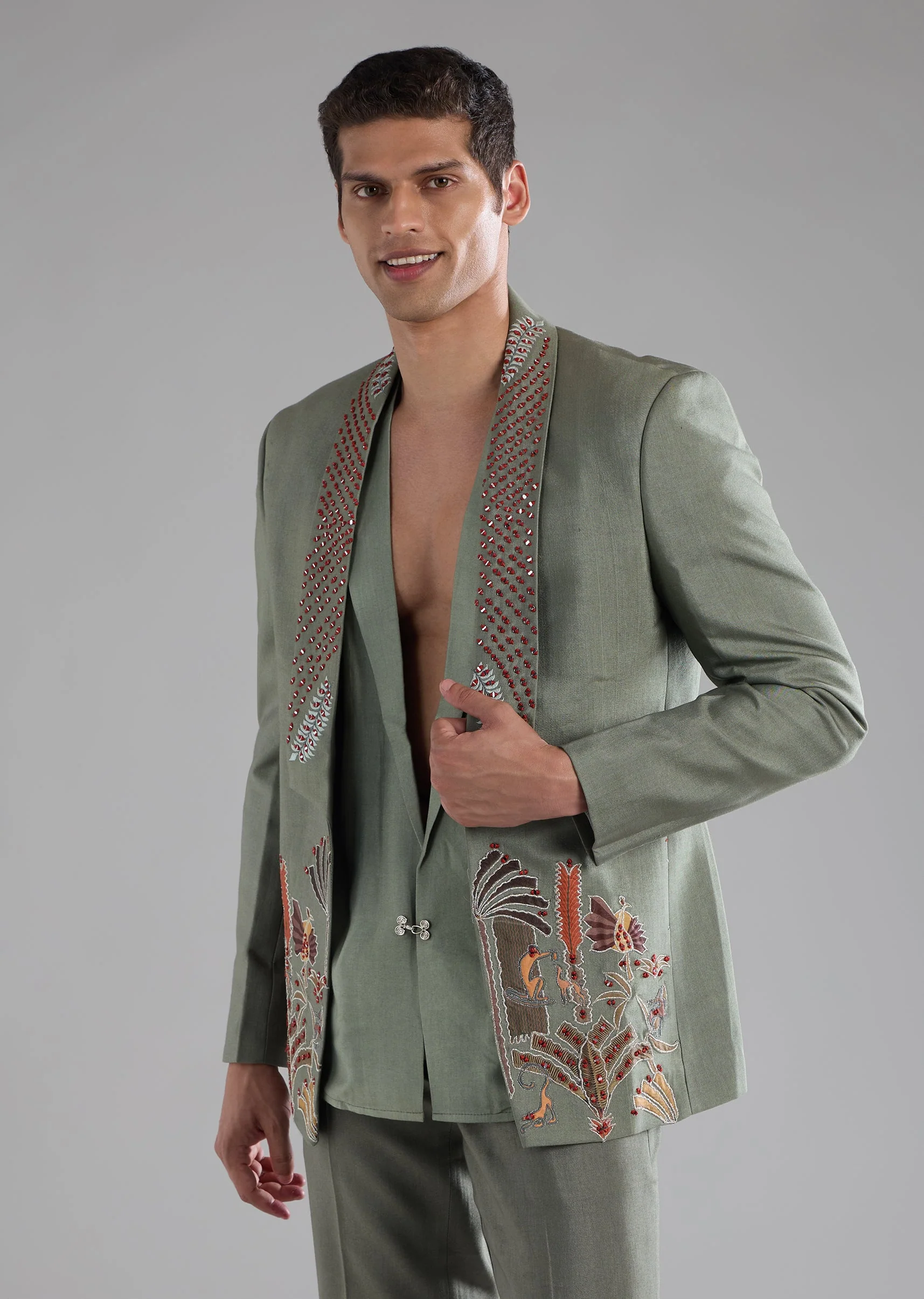 Green Silk Tuxedo Set with Mirror Work - Image 4