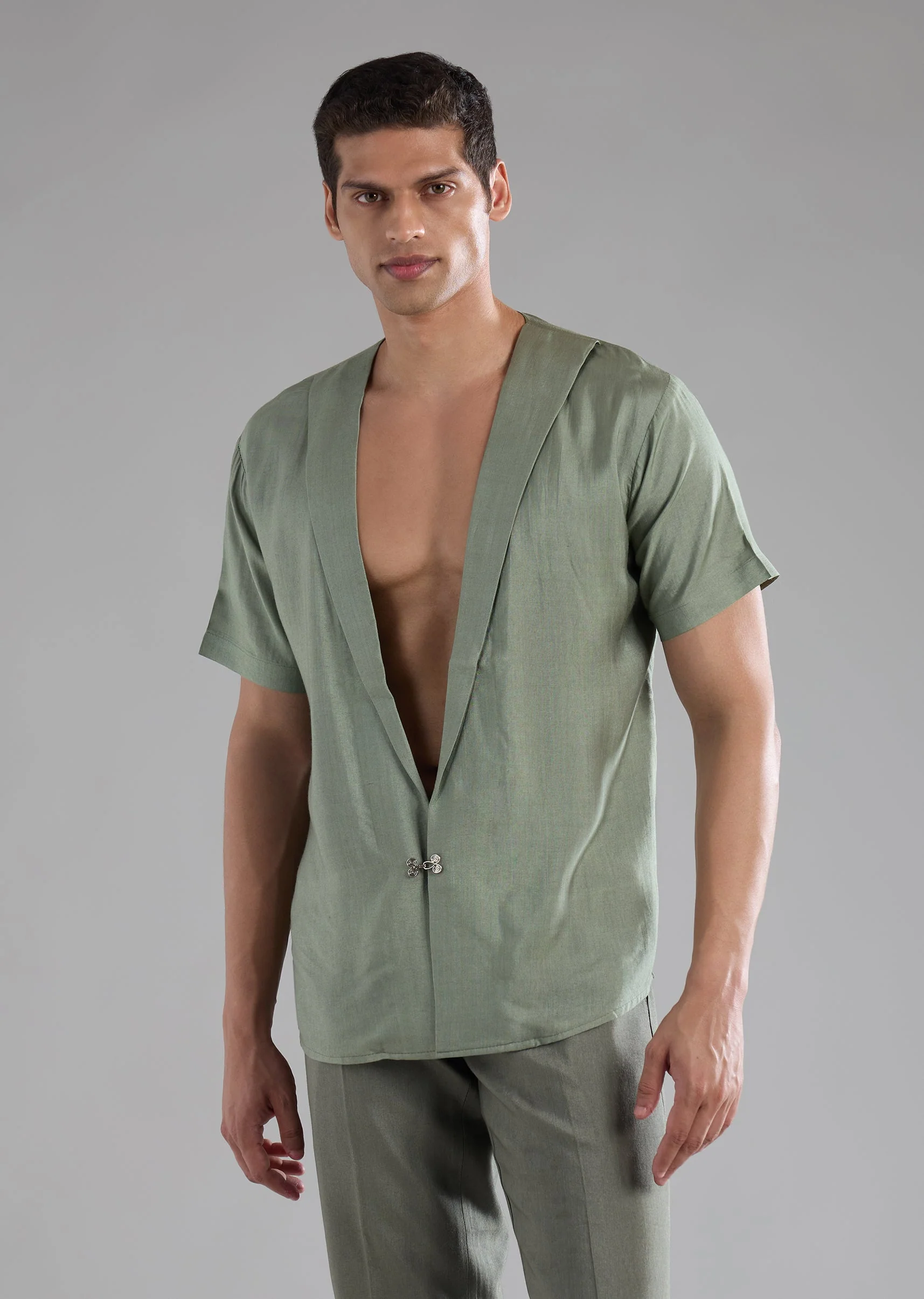 Green Silk Tuxedo Set with Mirror Work - Image 6