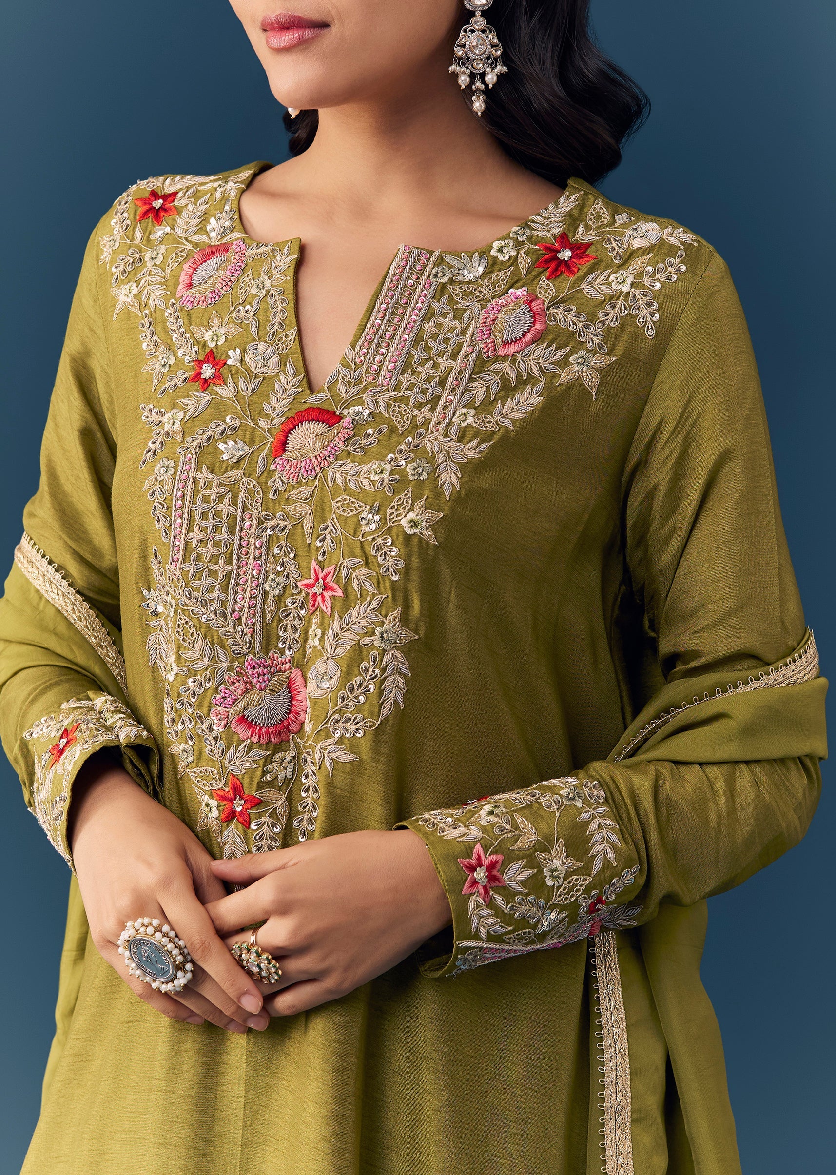 Green Silk Zardozi Work Kurta Palazzo Set - Image 2