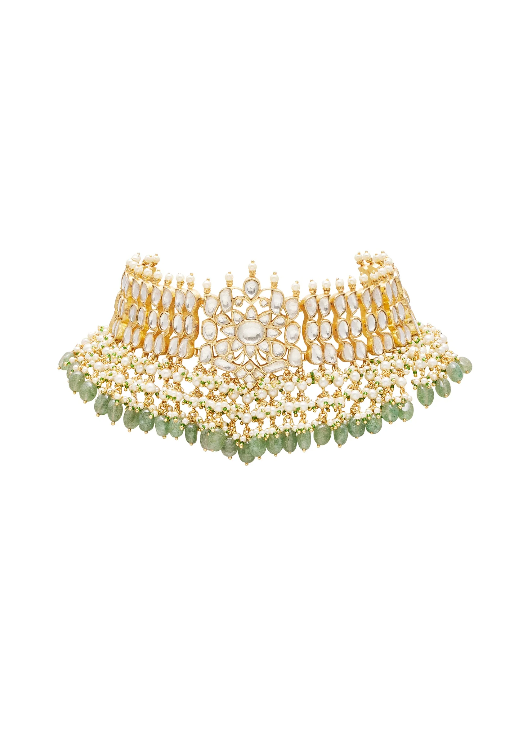 Green Stone And Bead Embellished Necklace Set With Maangtikka - Image 3