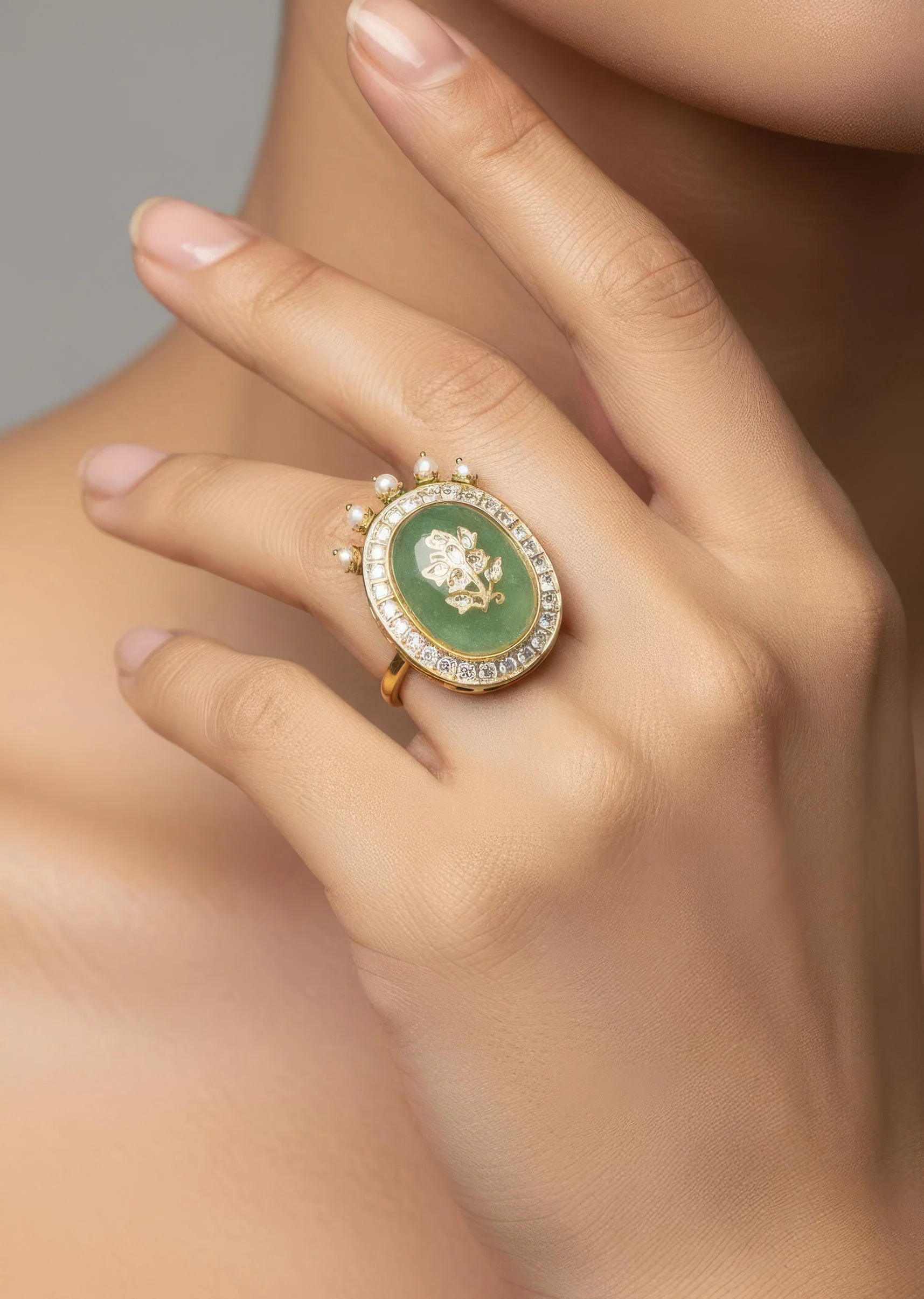 Green Stone And Pearl Embellished Statement Ring