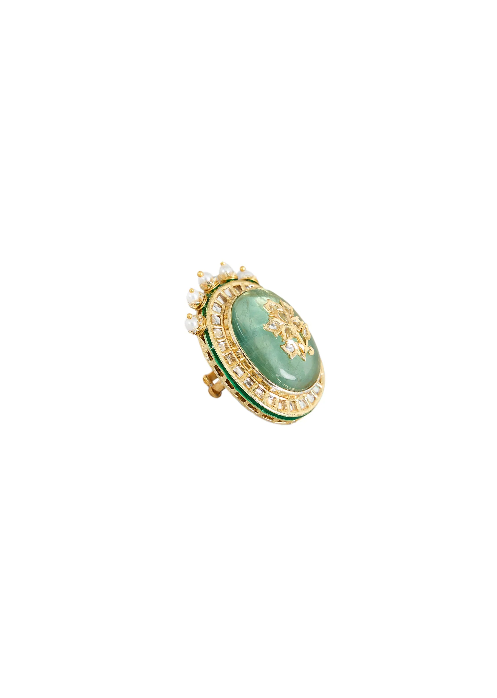 Green Stone And Pearl Embellished Statement Ring - Image 3