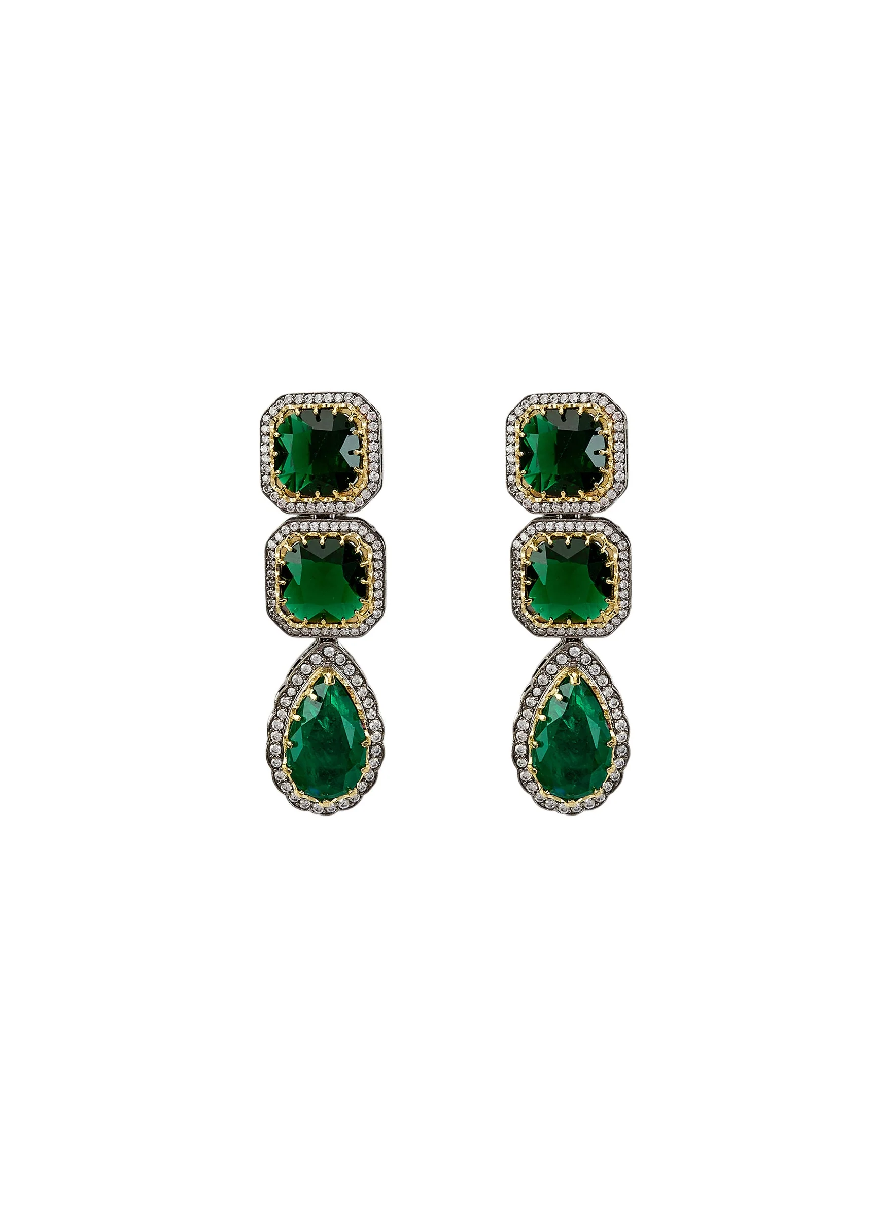 Green Stone Dangler Earrings Framed With Crystals - Image 2